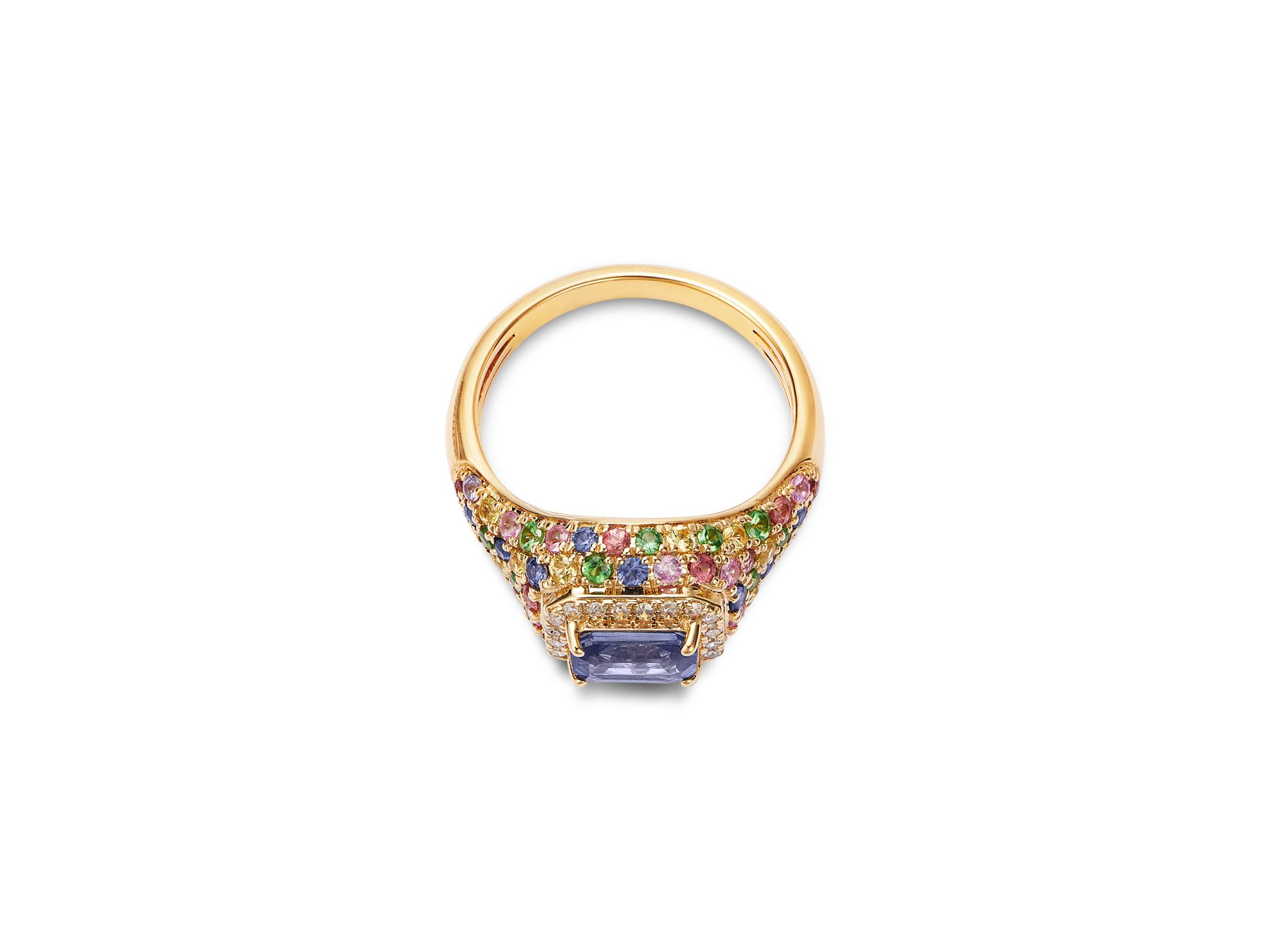 Rainbow Sapphire, Tsavorite Pavé & Diamond Ring with Ceylon Sapphire Center Stone Pinky Ring in 14K Yellow Gold — Image 3