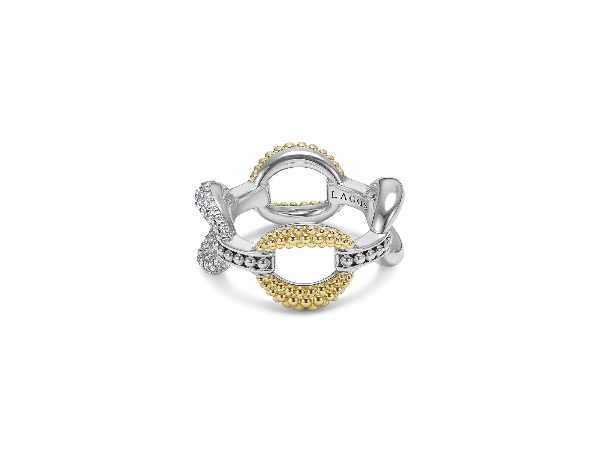 18K Yellow Gold & Sterling Silver Caviar Lux Large Diamond Oval Link Eternity Band Ring — Image 3