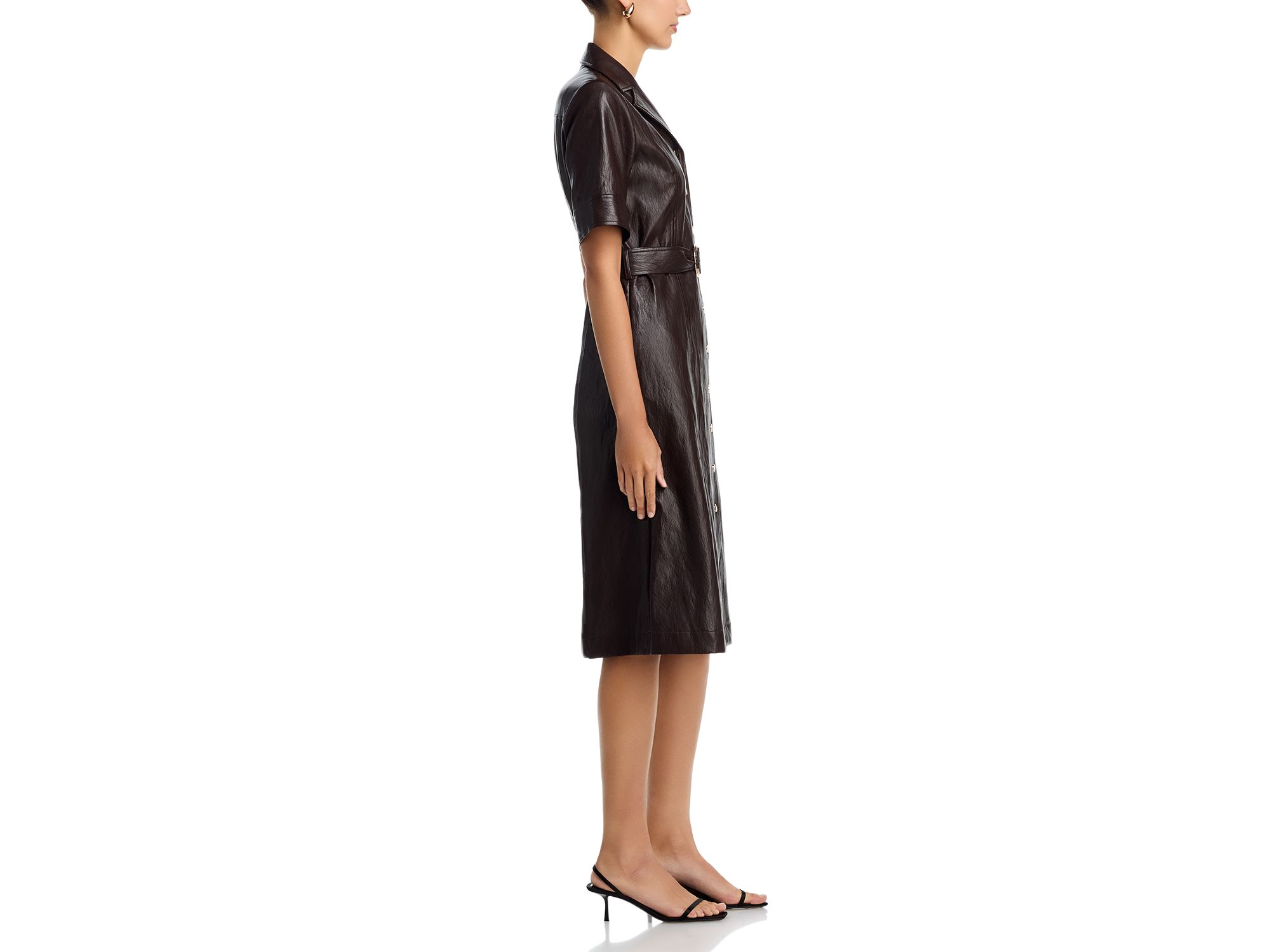 Faux Leather Short Sleeve Button Down Fit & Flare Dress — Image 6