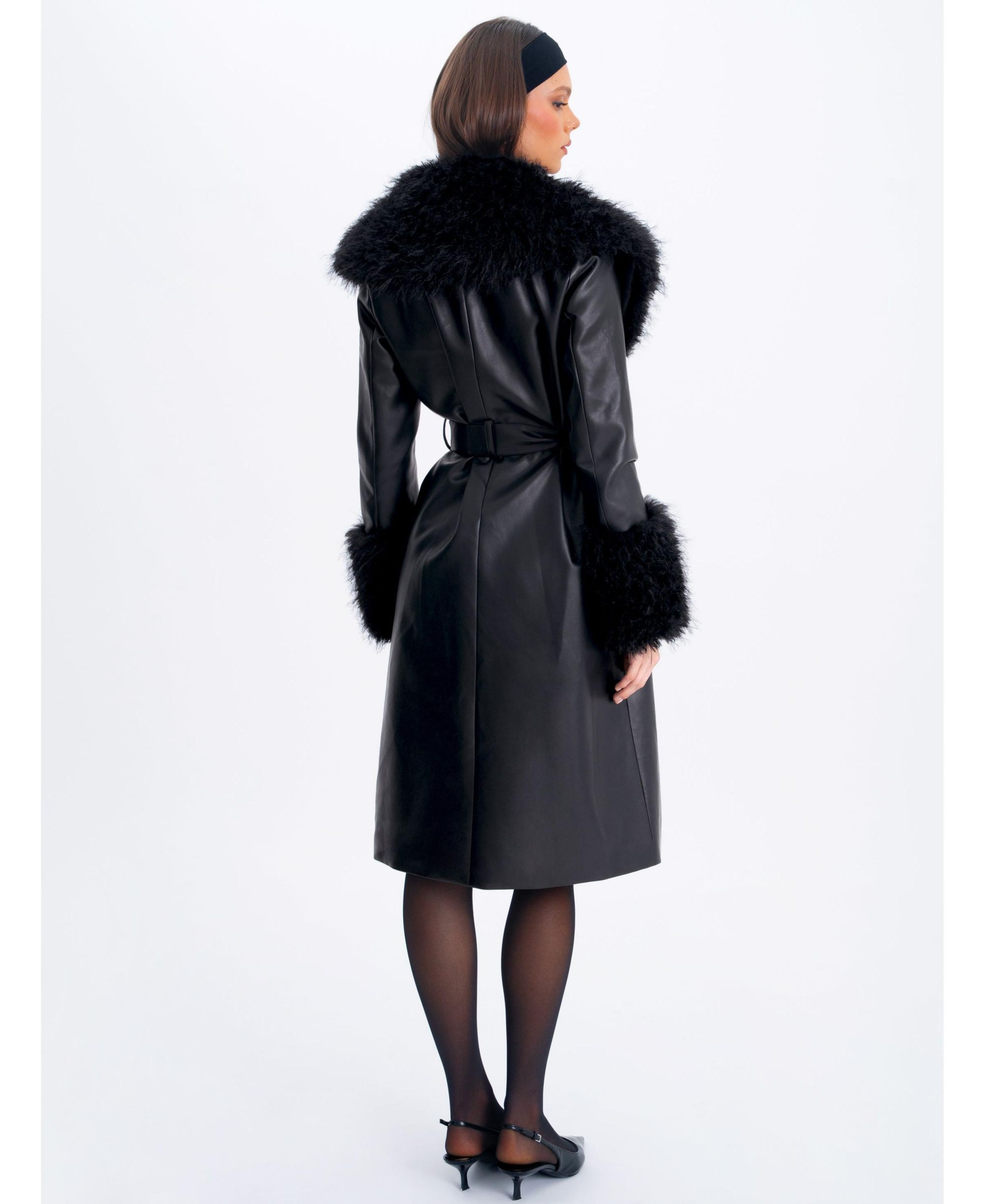 Zariah Faux Fur Trimmed Longline Faux Leather Coat — Image 8