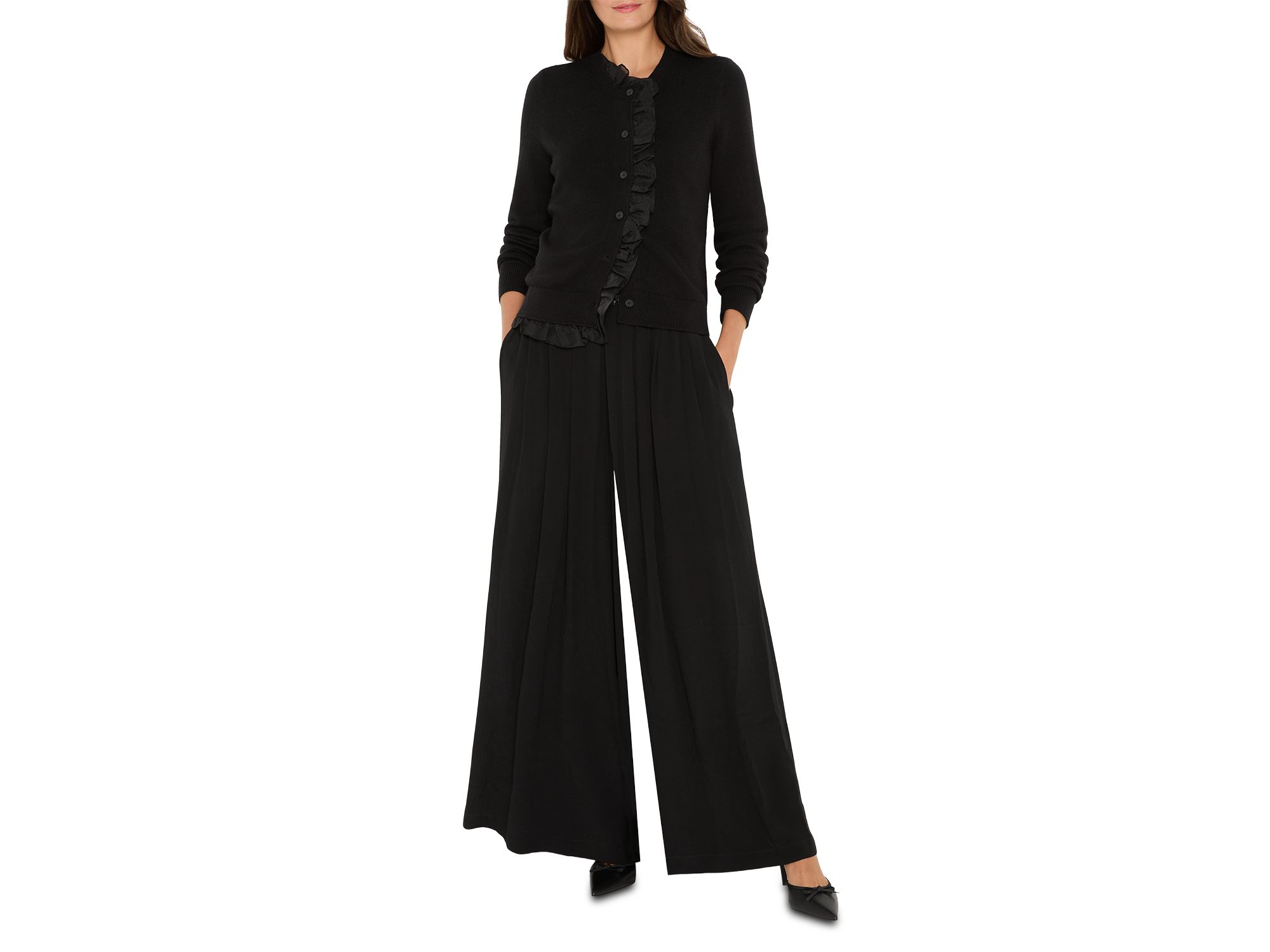 Faux Leather Waistband Wide Leg Pants — Image 3