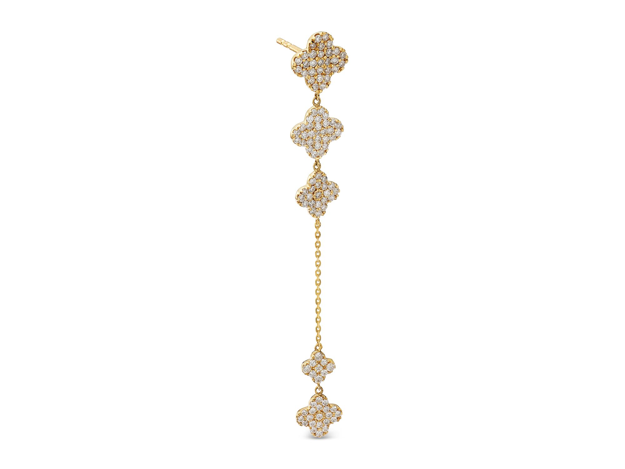 Pave Diamond Clover Linear Earrings in 14K Yellow Gold, 1.25 tcw — Image 3