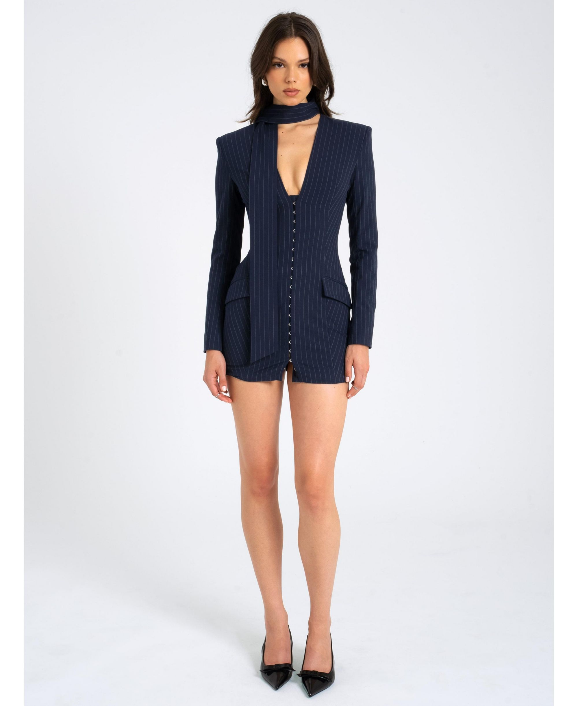 Tahlia Deep V Pinstripes Scarf Collar Blazer Dress — Image 8