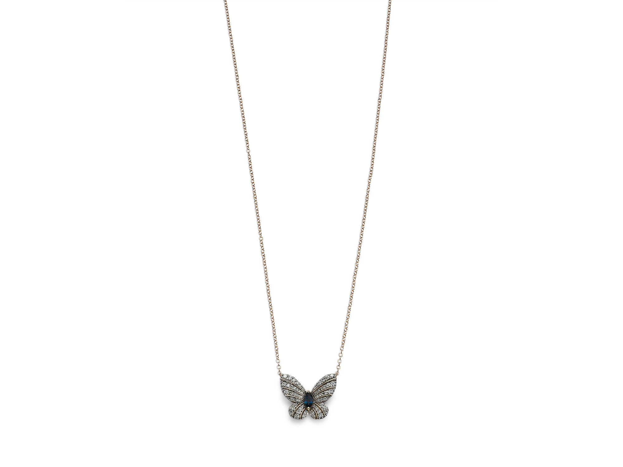 Diamond and Blue Sapphire Butterfly Pendant Necklace in 14K Yellow Gold, 17" — Image 6
