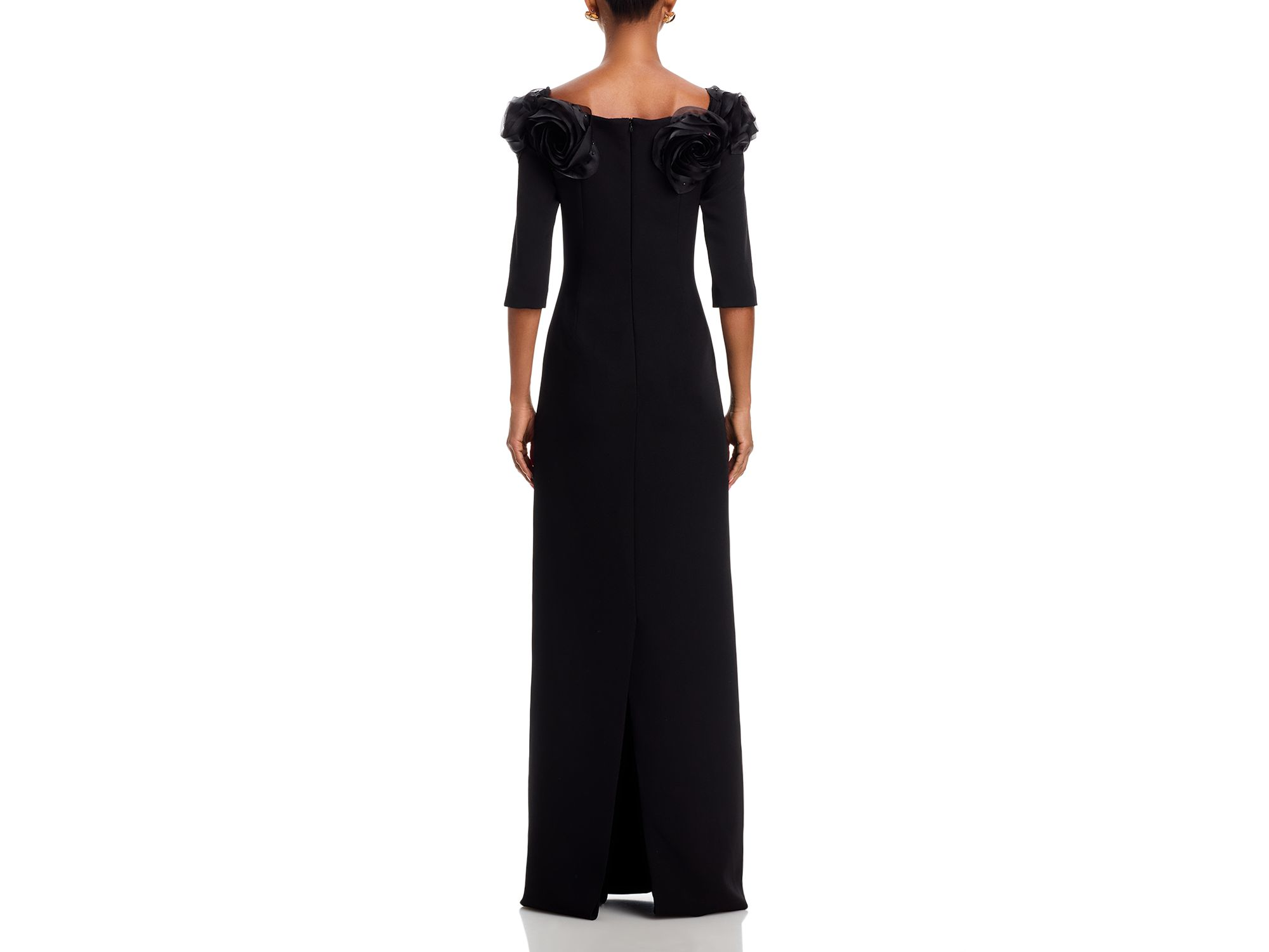 Crepe 3D Flower Off the Shoulder Three Quarter Length Sleeved Gown — Image 4