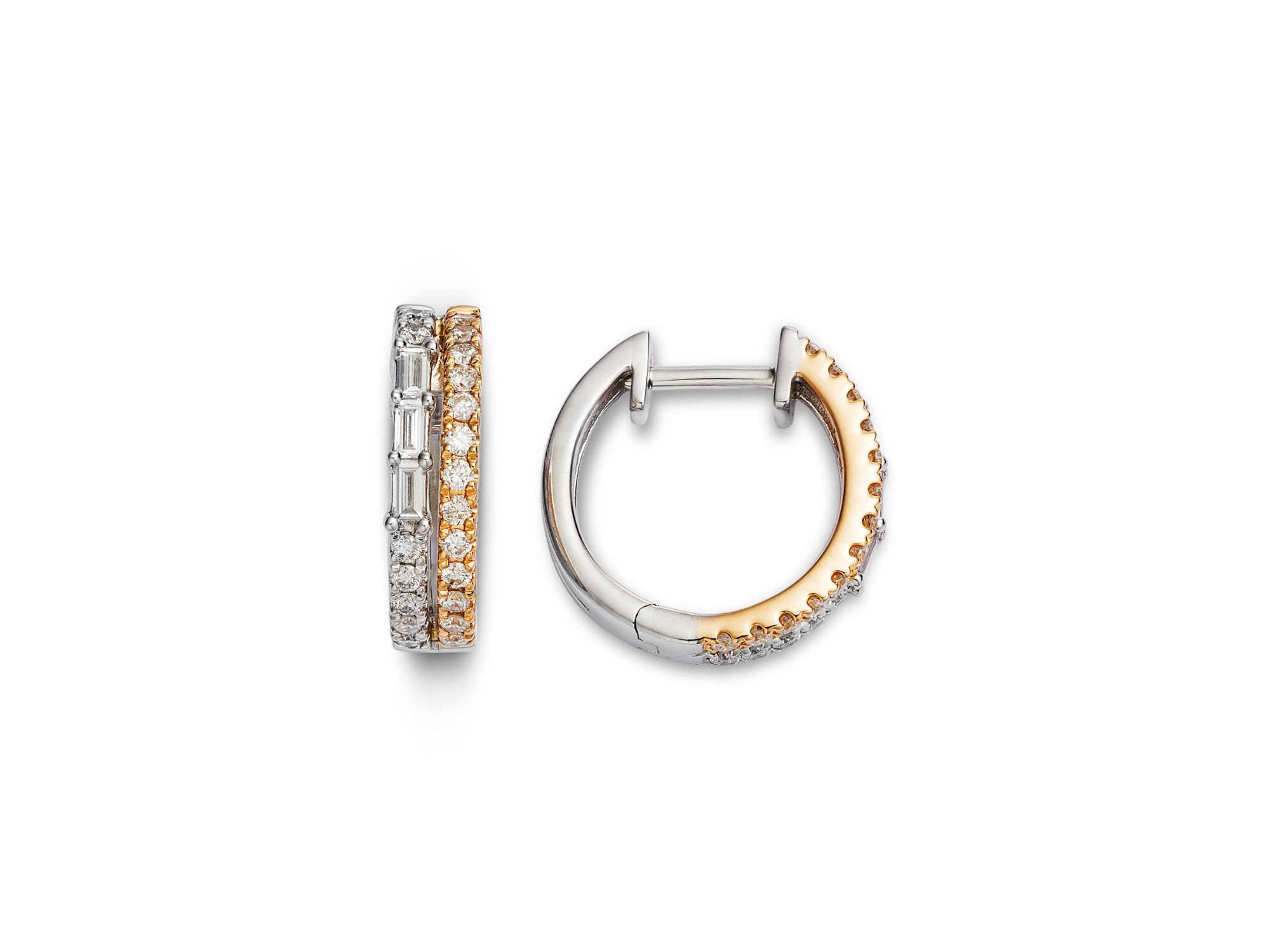Diamond Round & Baguette Small Double Hoop Earrings in 14K Yellow & White Gold, 0.53 tcw — Image 3