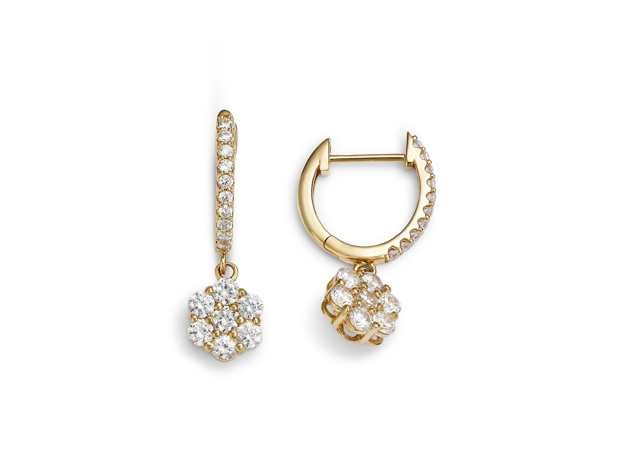 Diamond Flower Dangle Hoop Earrings in 14K Yellow Gold, 1.25 tcw — Image 3