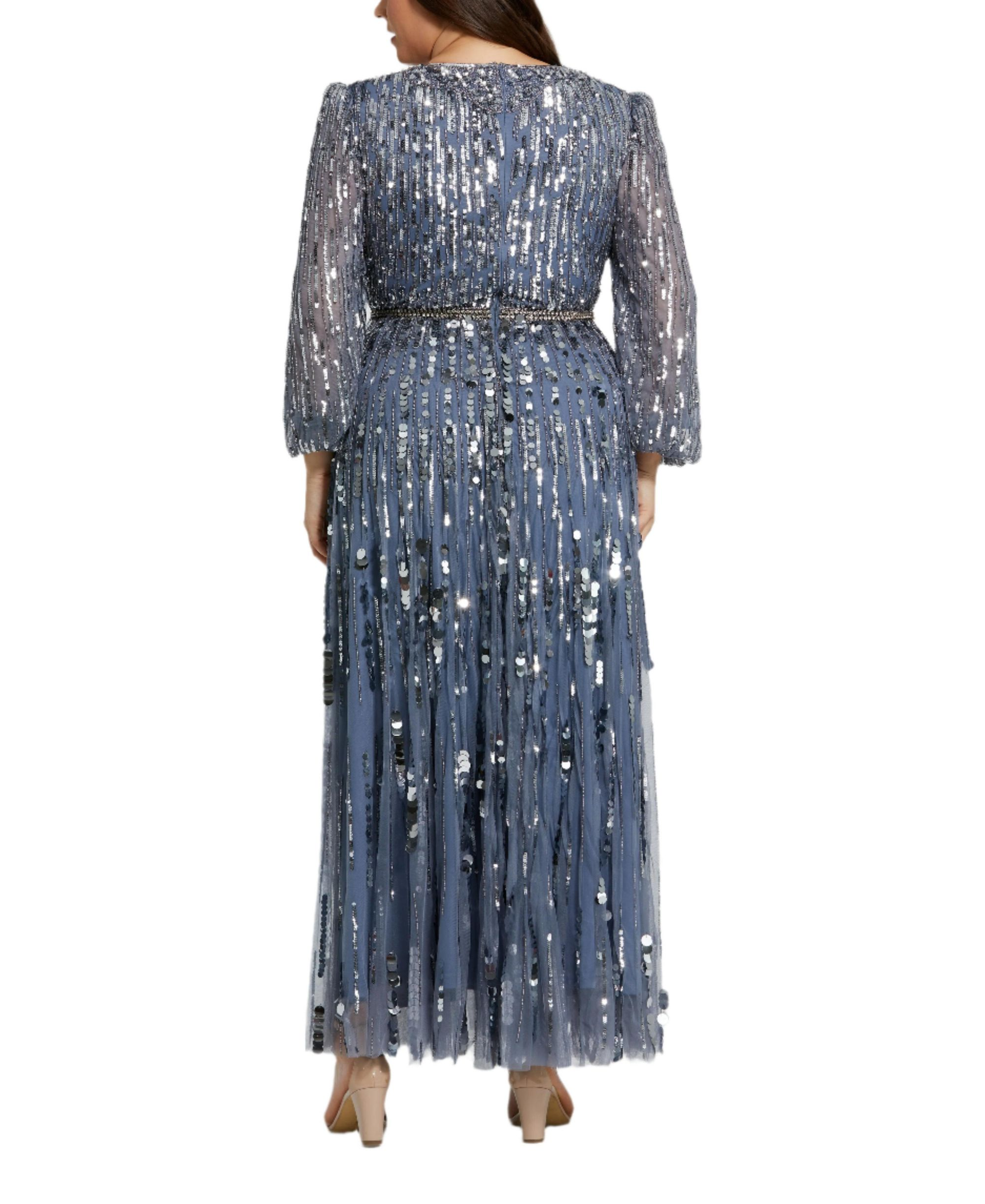 Plus Long Sleeve Beaded Crystal Deep V Neckline Gown — Image 3
