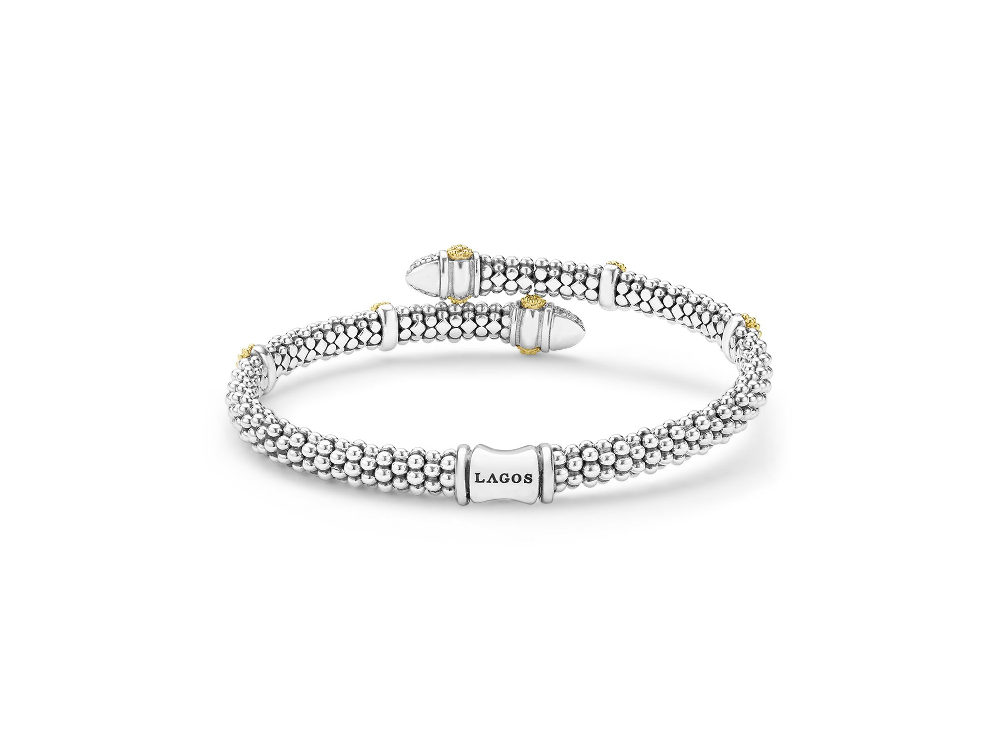 18K Yellow Gold & Sterling Caviar Lux Diamond Bypass Bangle Bracelet — Image 5