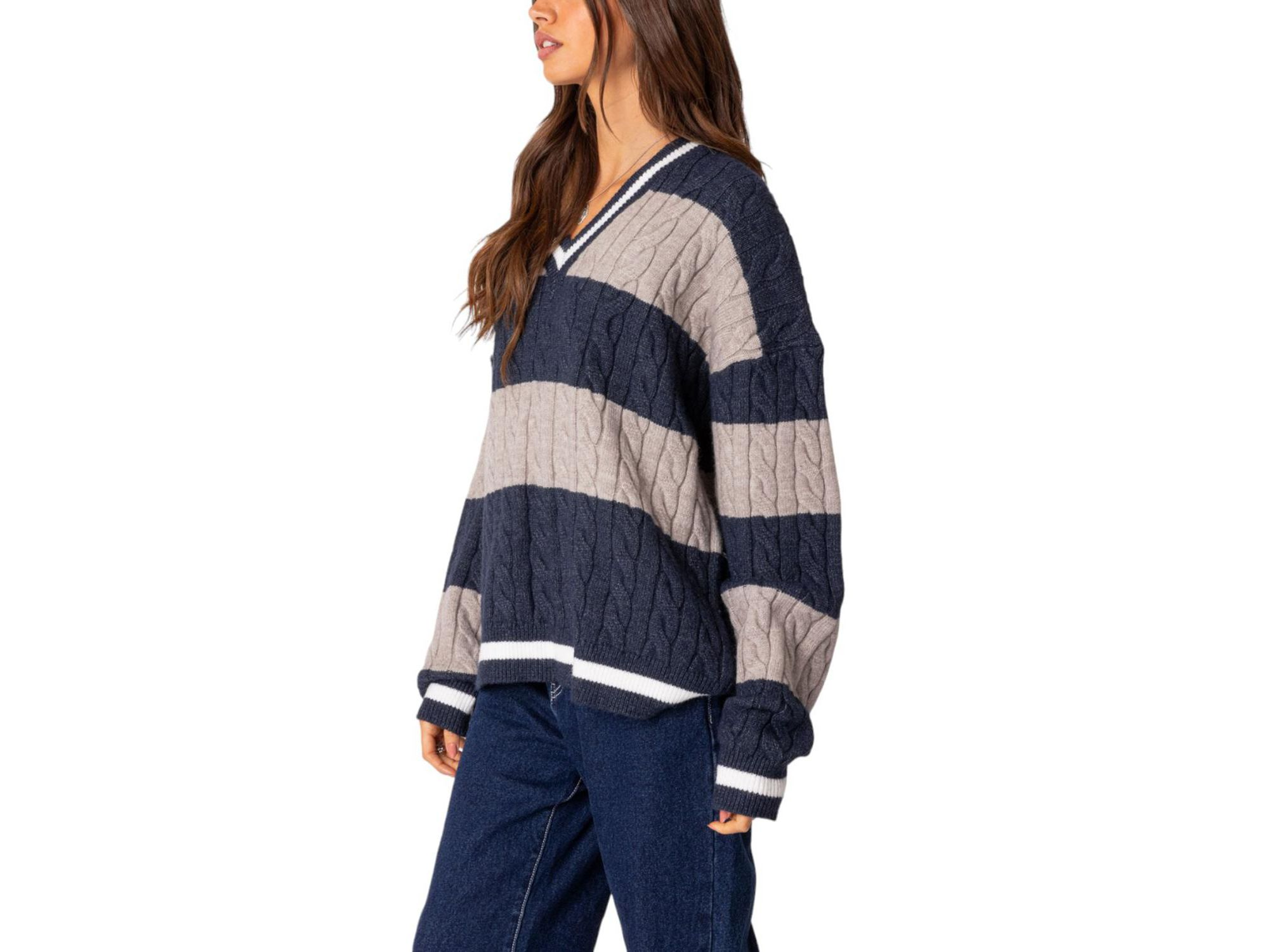 Romie V Neck Cable Knit Sweater — Image 3