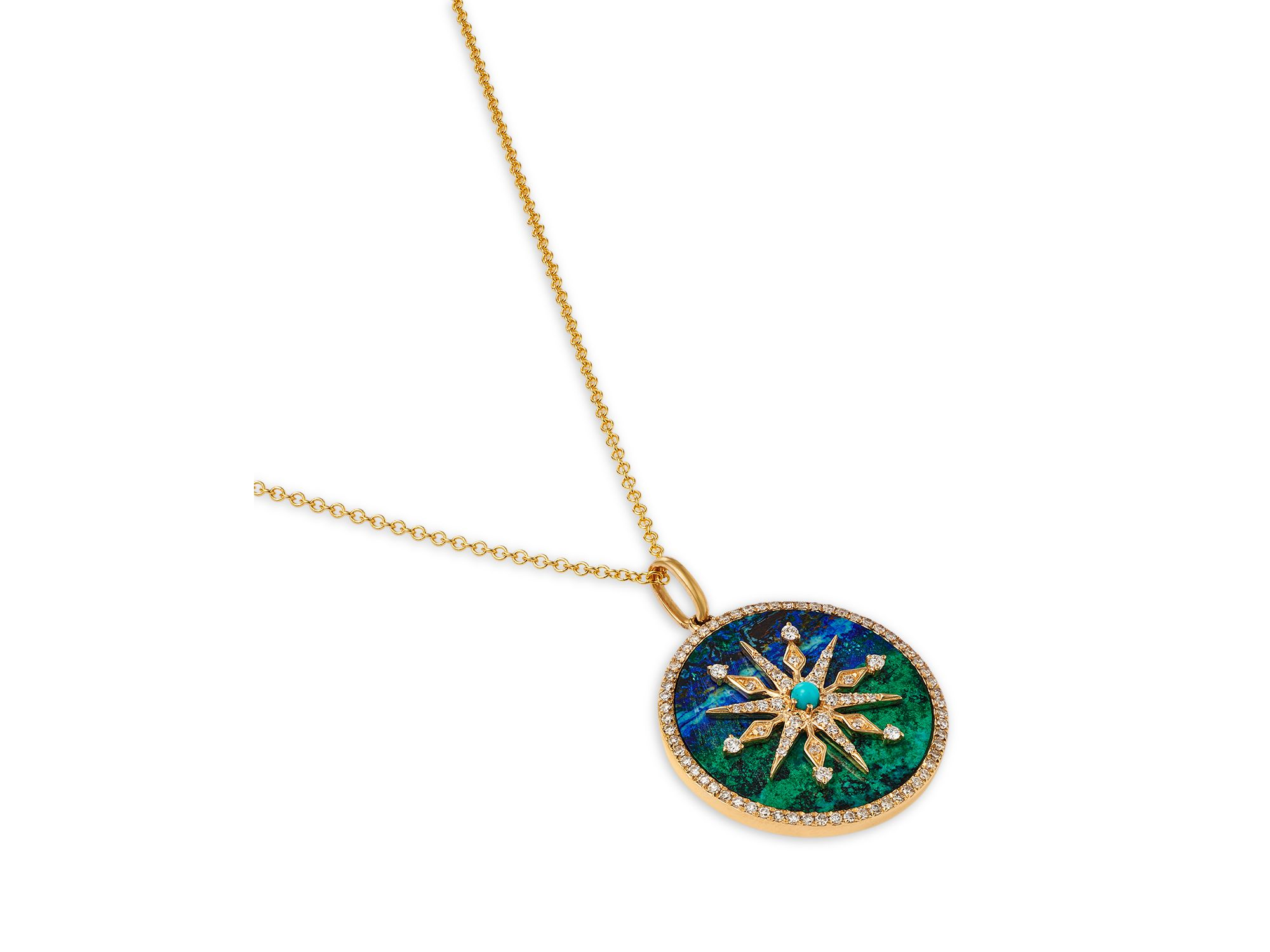 Azurite, Turquoise & Diamond Medallion Pendant Necklace in 14K Yellow Gold, 16-18" — Image 3