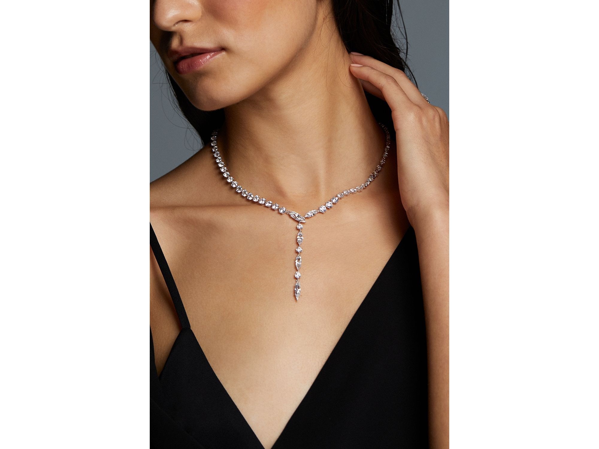 BTRX Mixed Cubic Zirconia Lariat Necklace in Rhodium Plated, 16" — Image 3