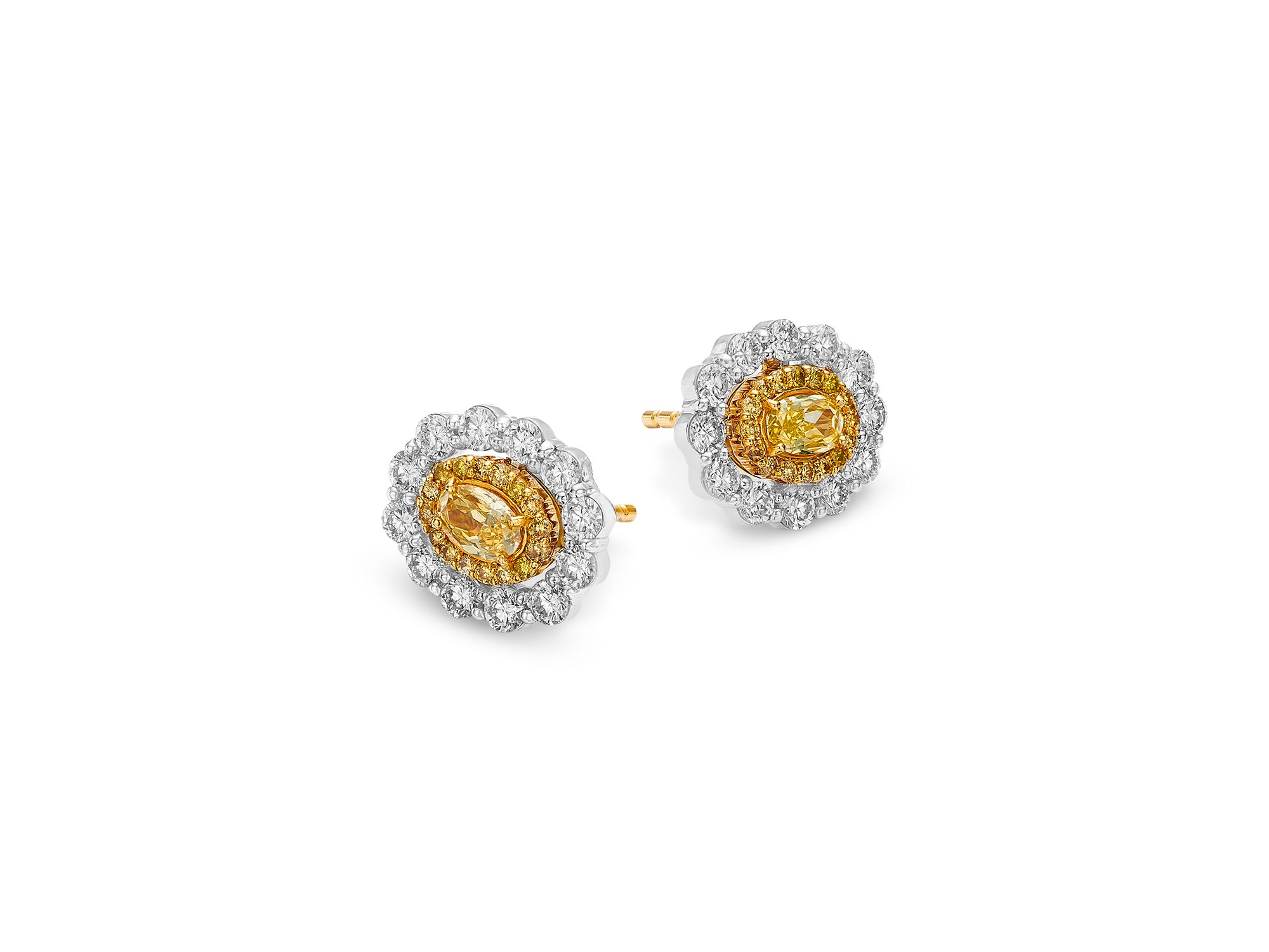 White & Yellow Diamond Halo Stud Earrings in 14K White & Yellow Gold, 1.66 tcw — Image 3