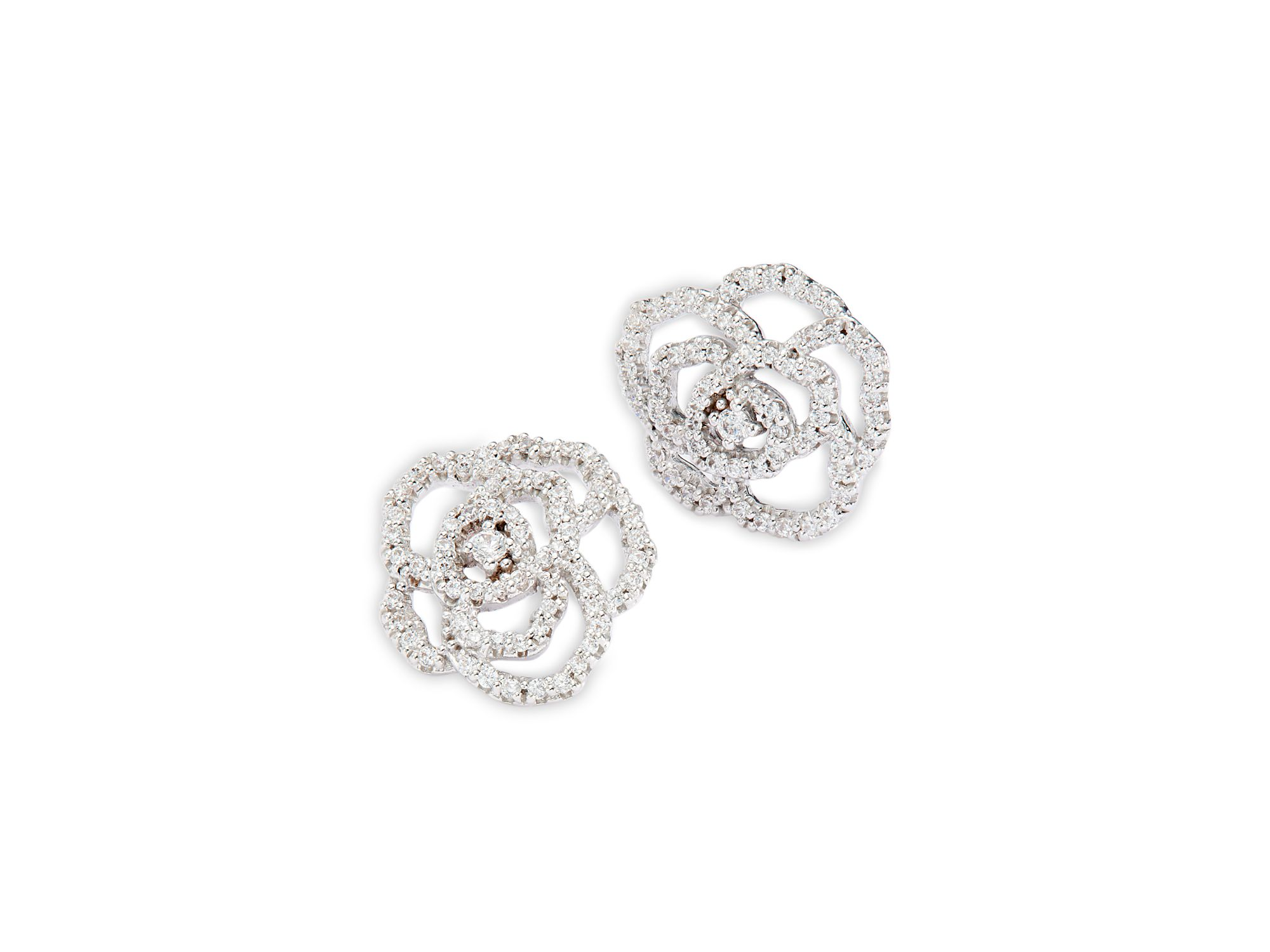 Diamond Rose Flower Openwork Stud Earrings in 14K White Gold, 0.30 tcw — Image 4