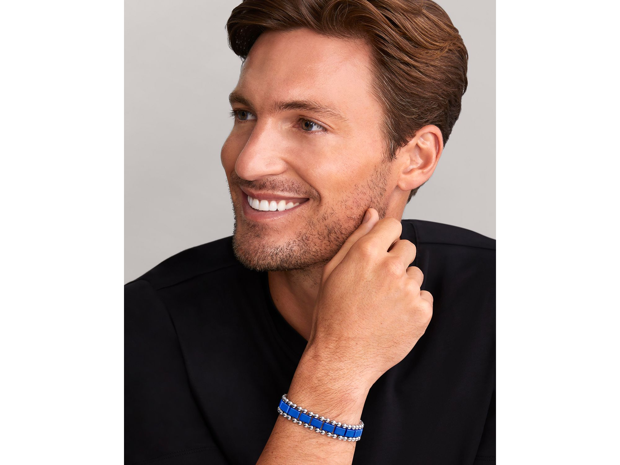 Men's Stainless Steel Anthem Ultramarine Ceramic Caviar Bead Bracelet - Exclusive — Image 3