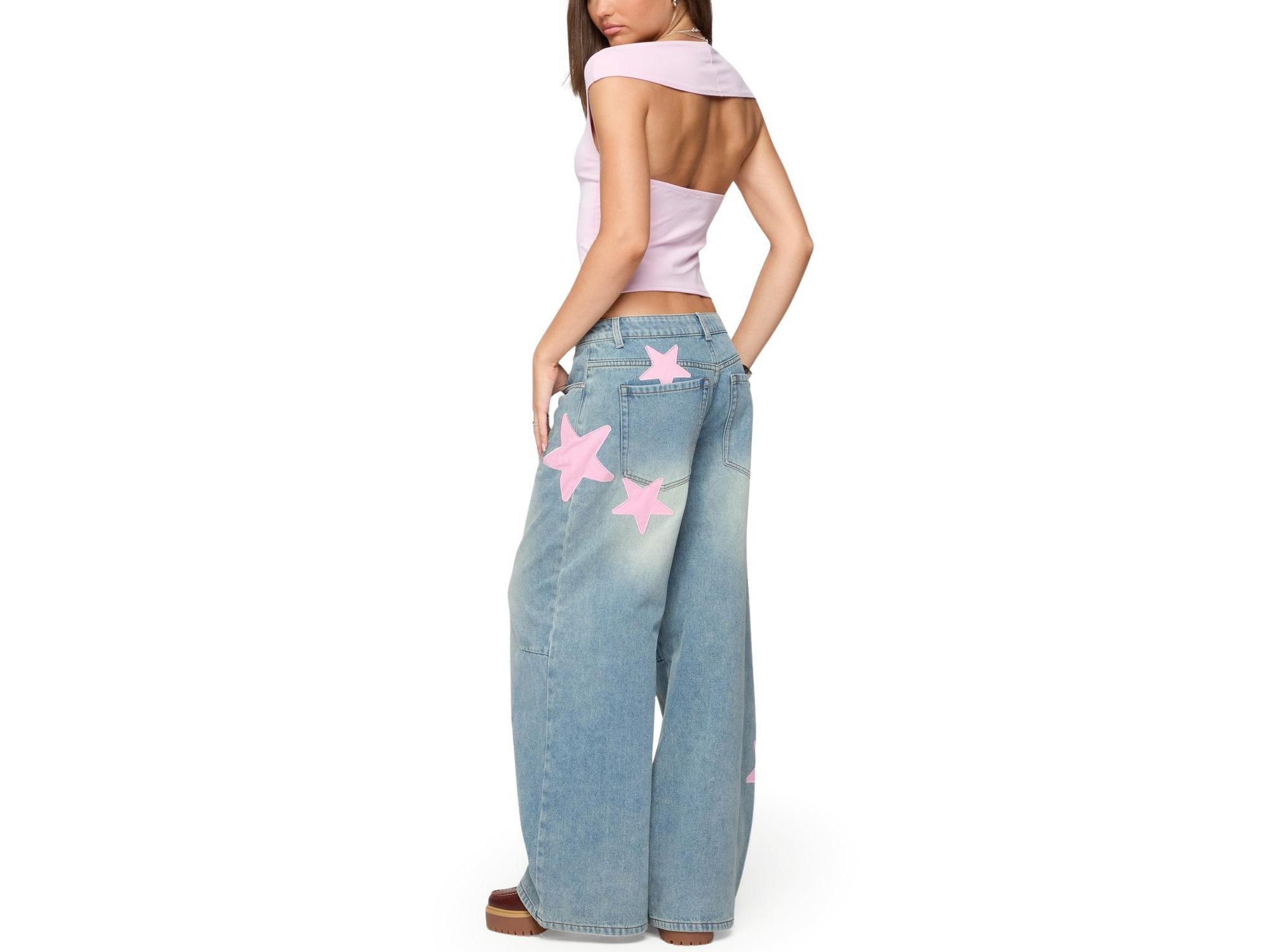 Trish Satin Effect Stars Low Rise Light Rinse Wash Jeans — Image 3