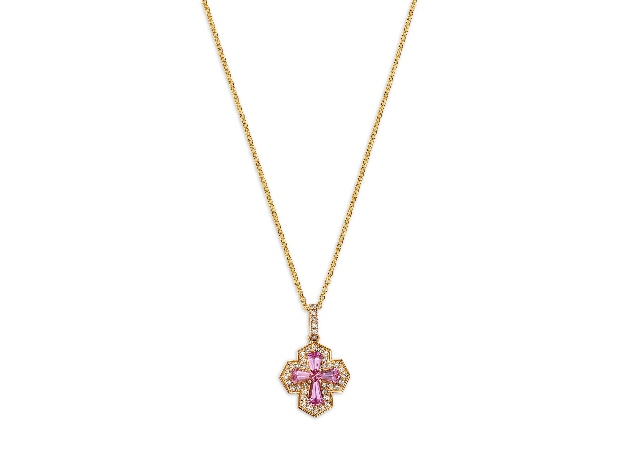 Pink Sapphire & Diamond Square Cross Pendant Necklace in 14K Yellow Gold, 16-18" — Image 3