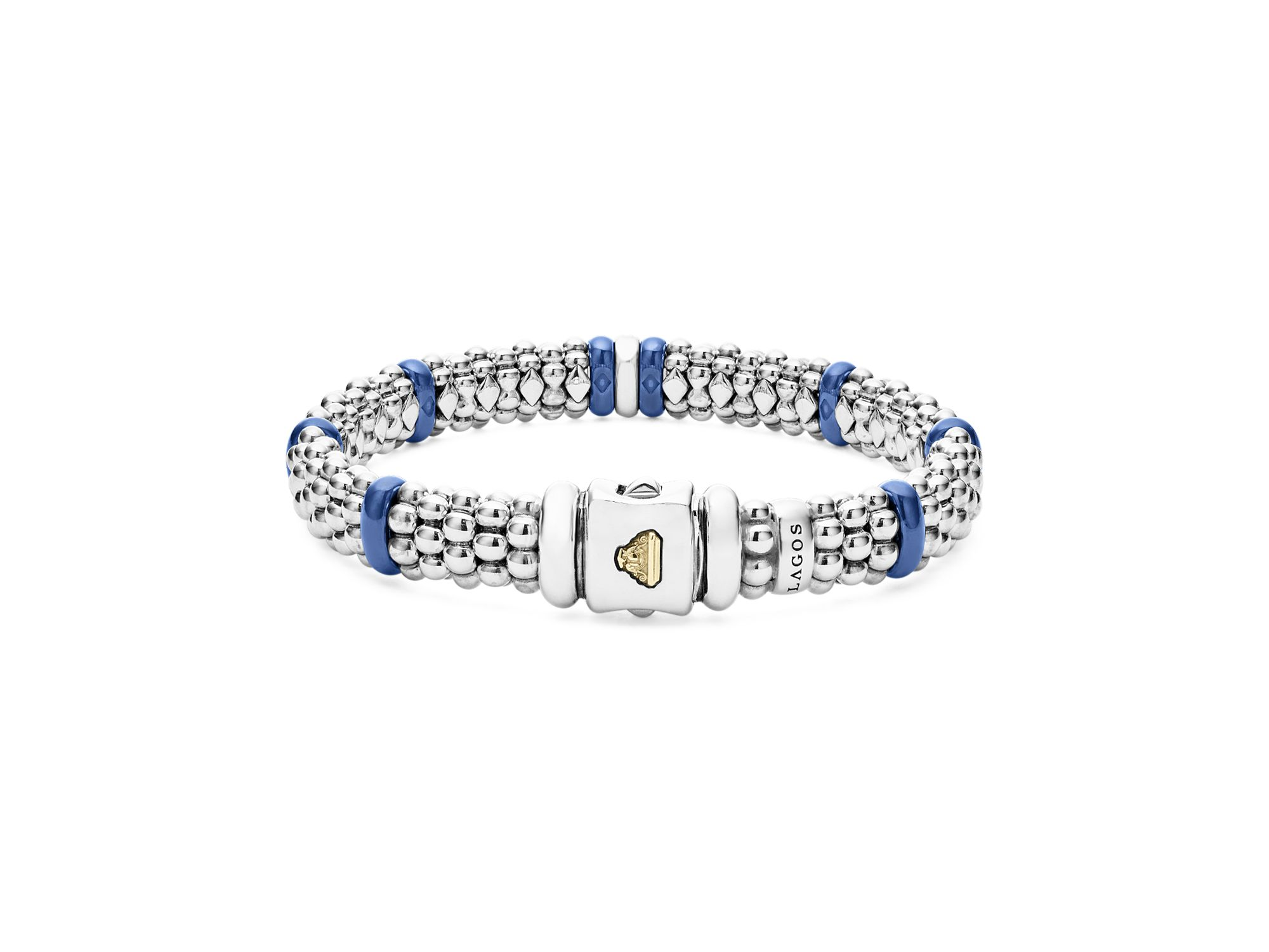 18K Yellow Gold & Sterling Silver Diamond & Ultramarine Ceramic Rondelle & Caviar Bead Statement Bracelet — Image 5