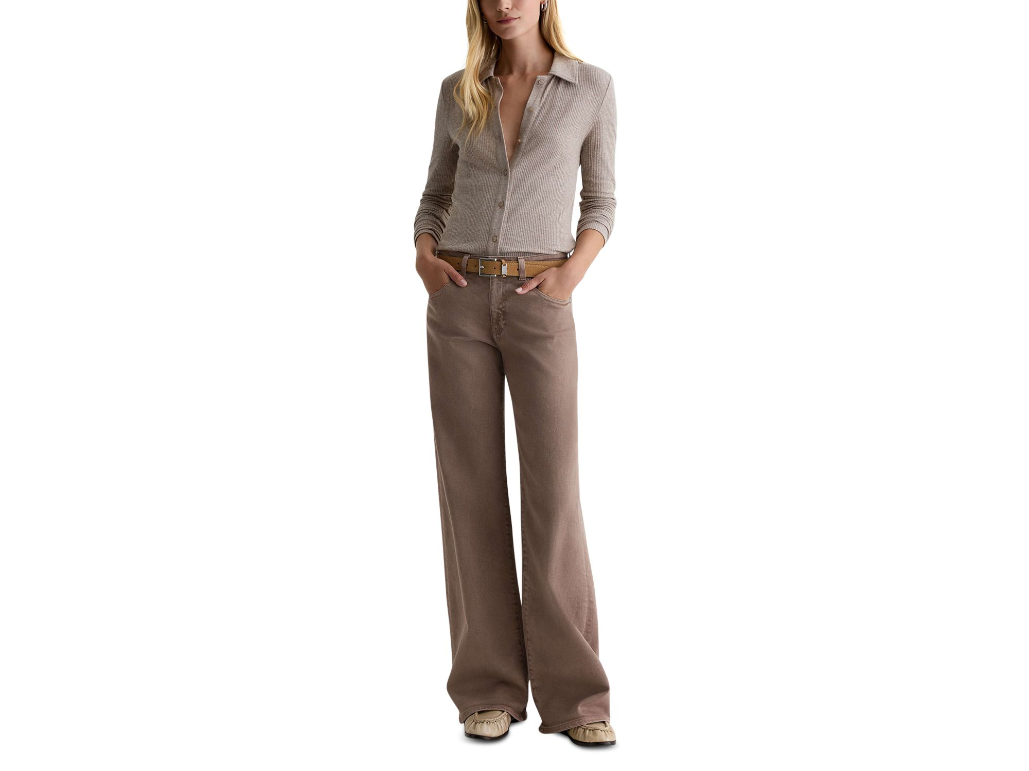 Adria Low Rise Wide Leg Jeans in Sulfur Taupe Gray — Image 4