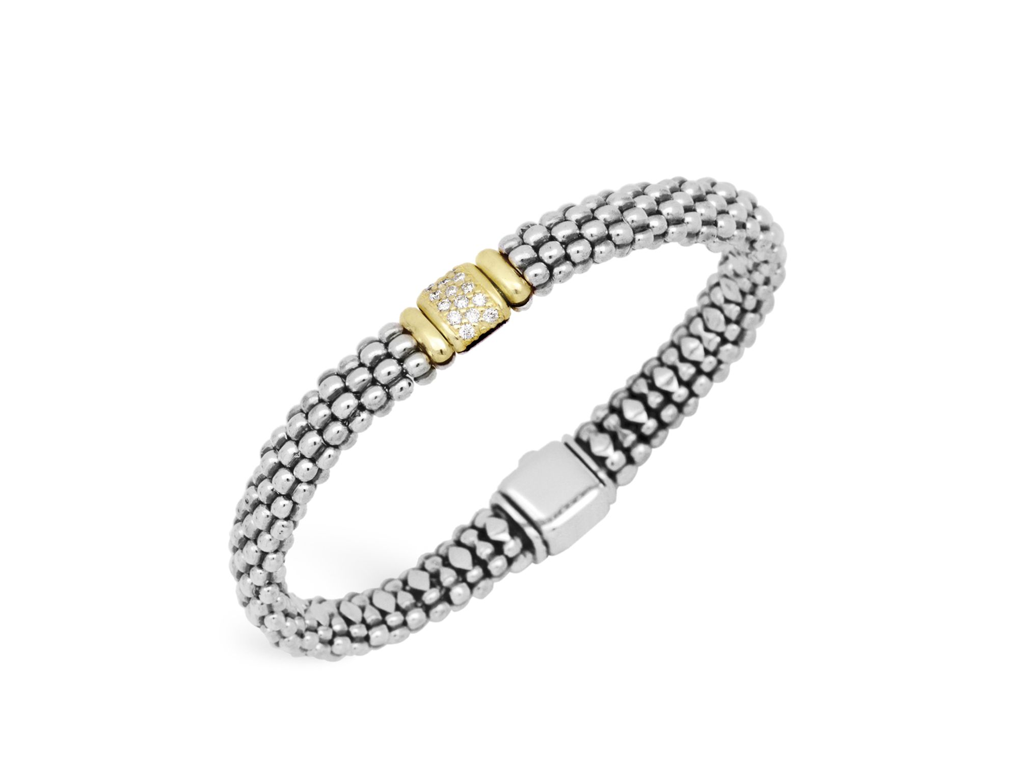 18K Yellow Gold and Sterling Silver Caviar Rope Bracelet with Diamonds — Image 3