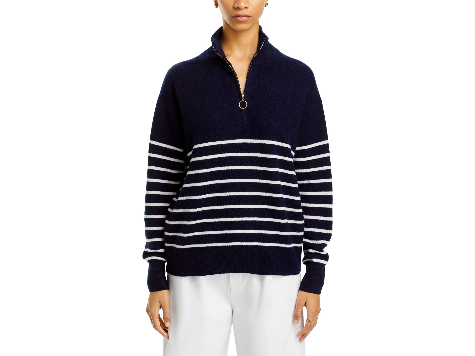100% Cashmere Mock Neck Quarter Zip Striped Sweater - Exclusive — Image 5