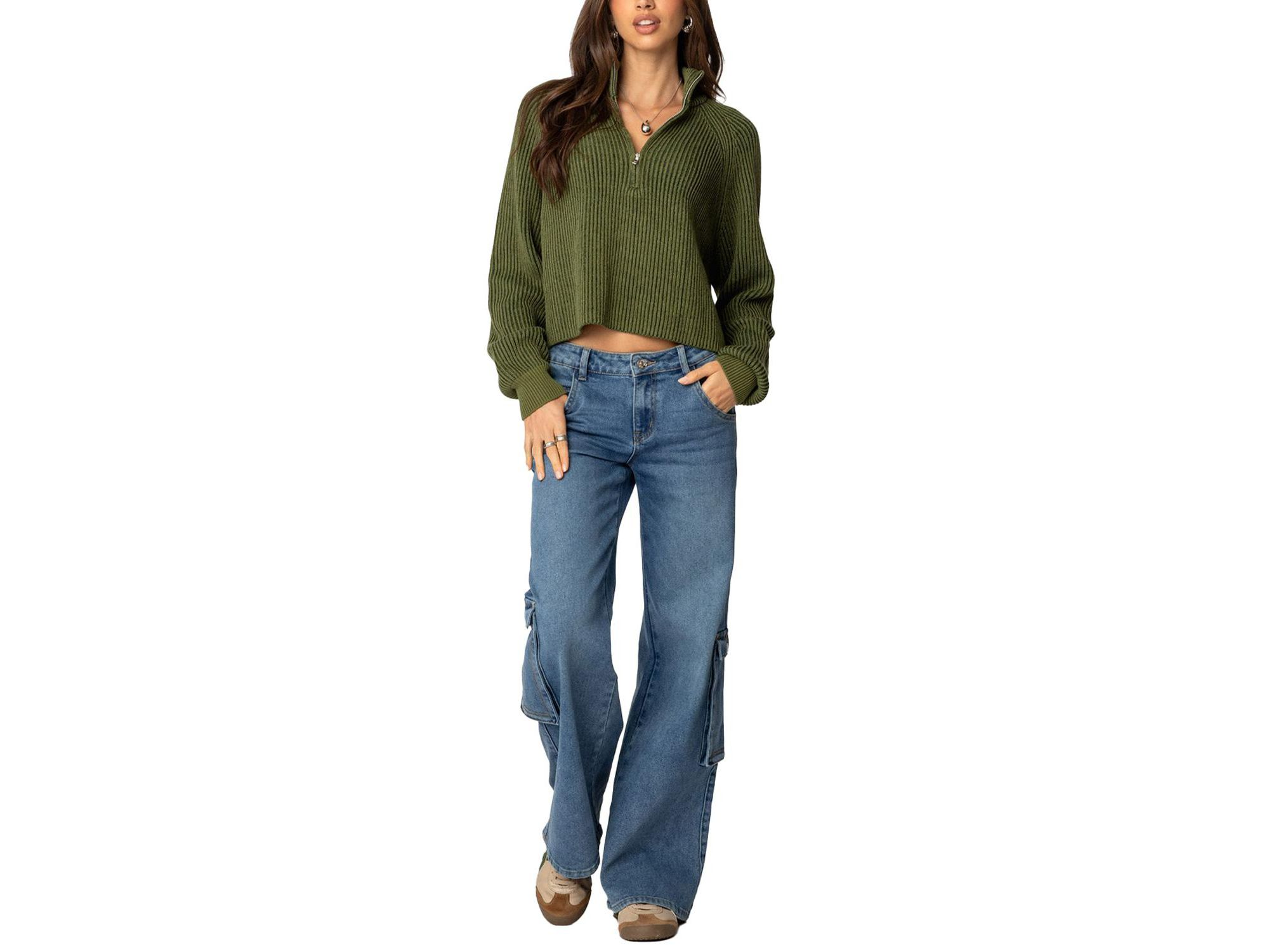 Cropped Rib Knit Half Zip Sweater — Image 3