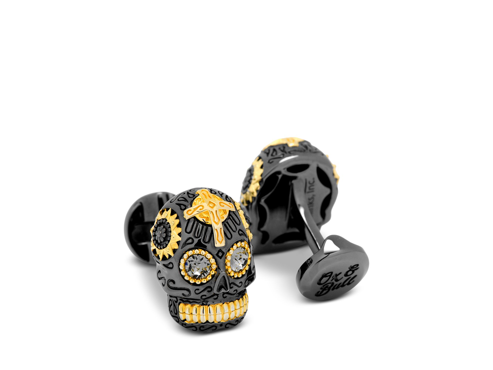 Black and Gold Vermeil Day of the Dead Skull Cufflinks — Image 3