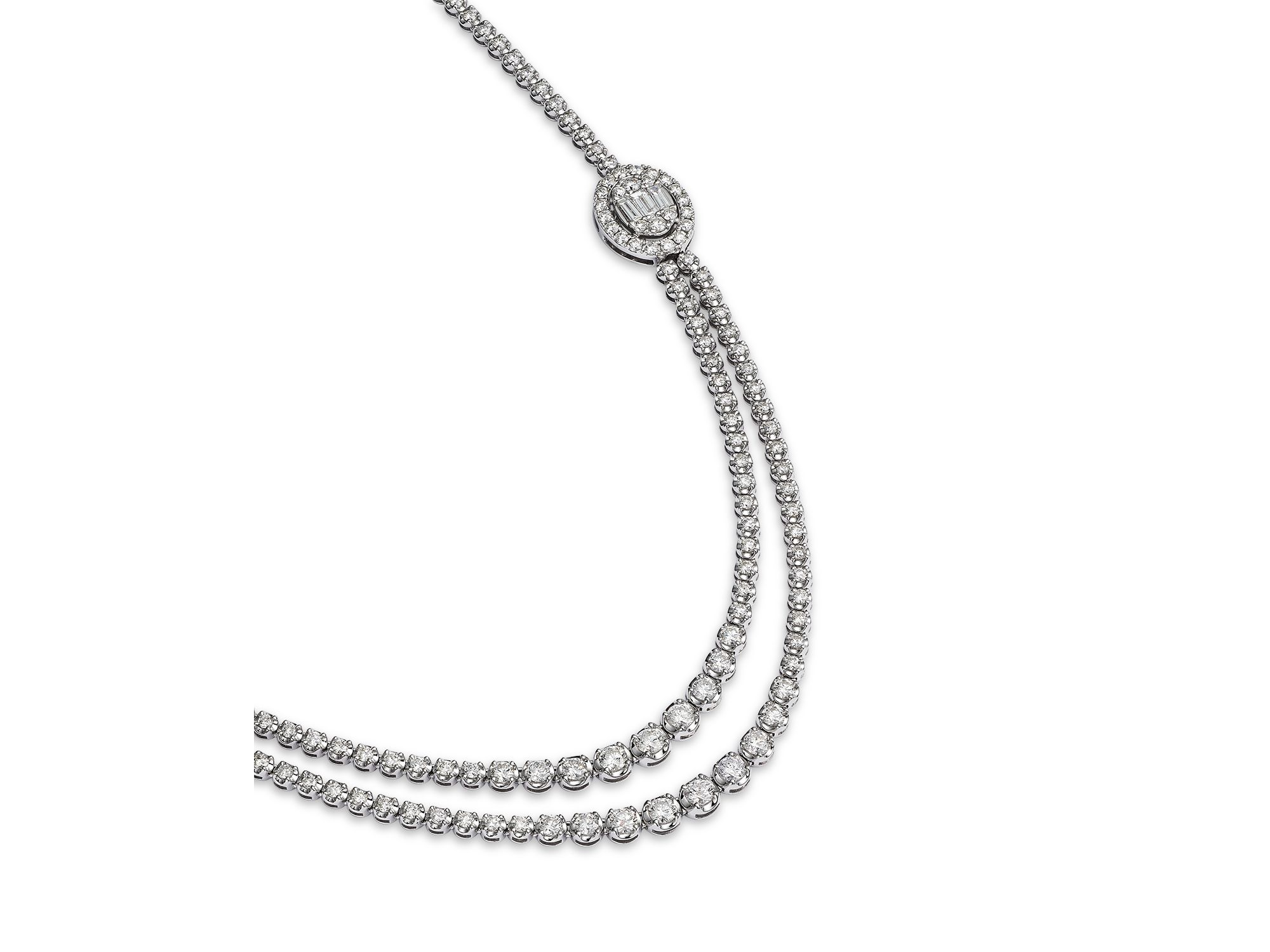 Diamond Round & Baguette Halo Mosaic Double Row Tennis Necklace in 14K White Gold, 7.50 tcw — Image 4