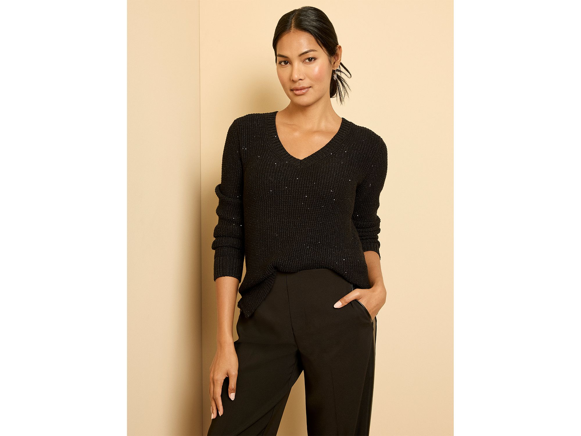 Shimmer Waffle V Neck Sweater — Image 7