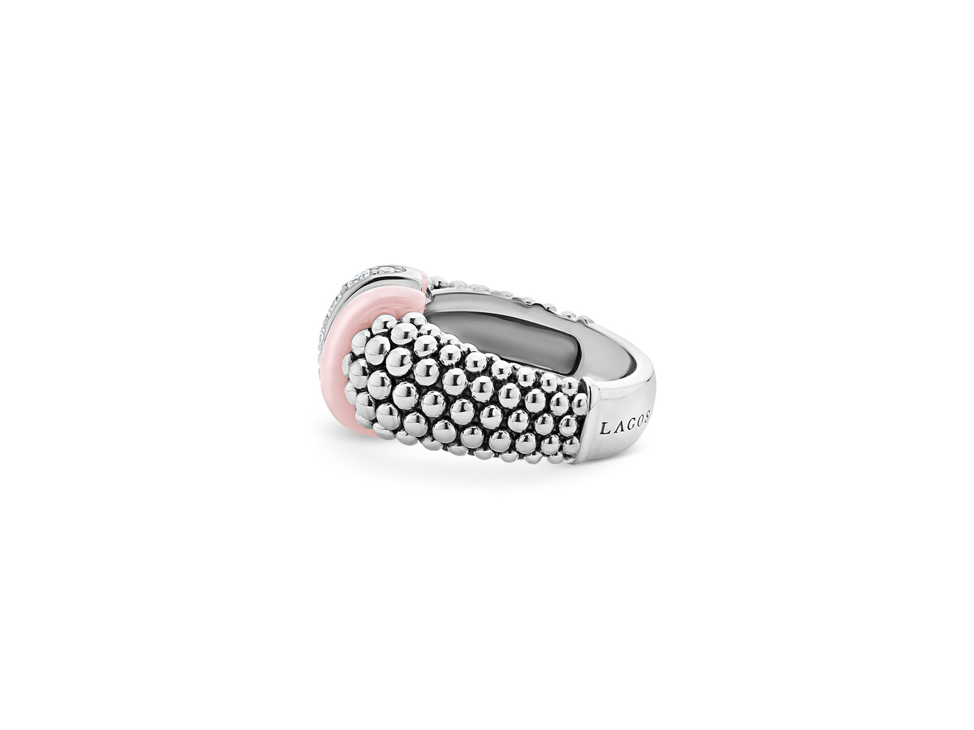 Sterling Silver Pink Caviar Diamond & Pink Ceramic Bead Statement Ring — Image 3