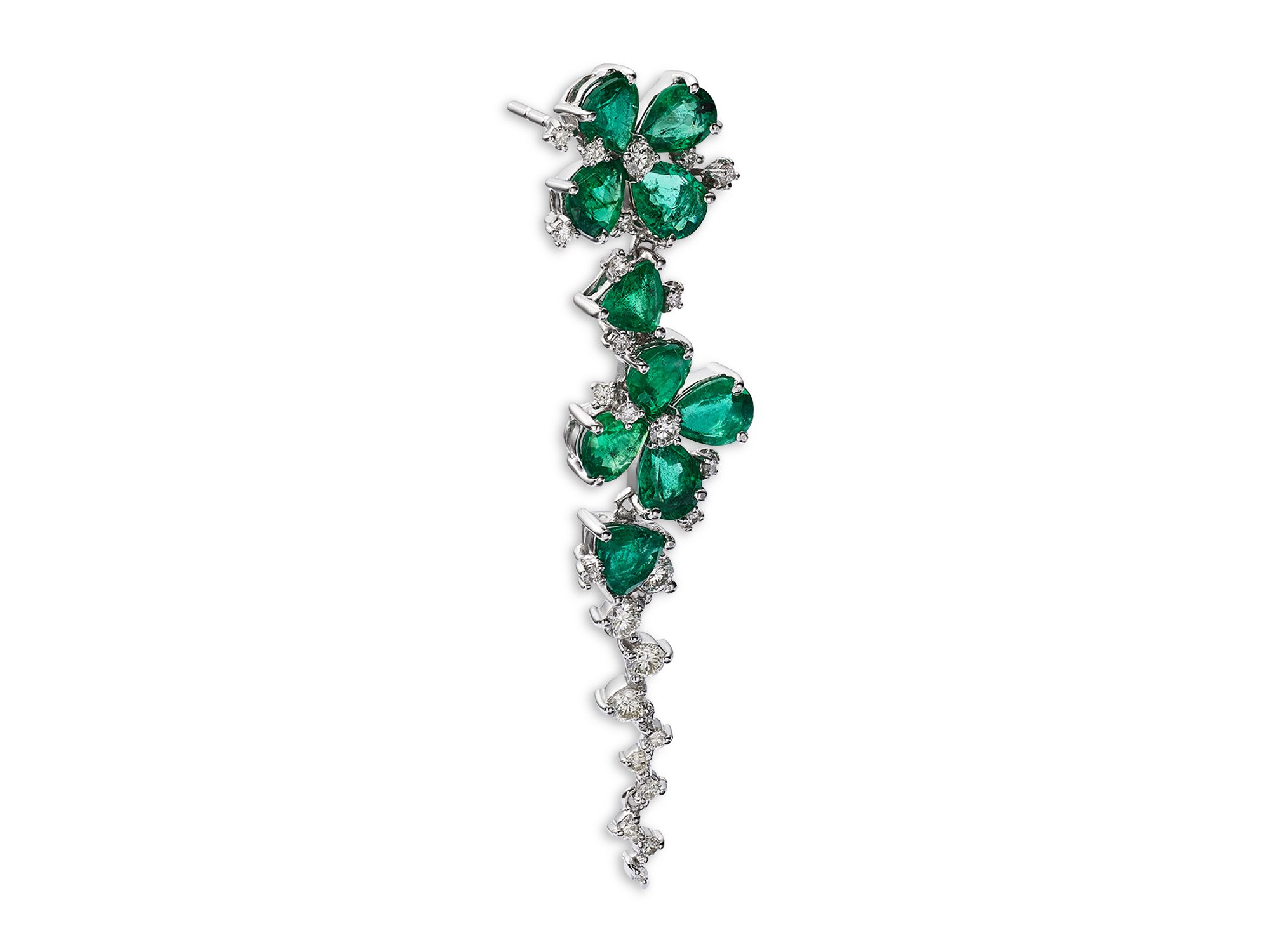 Emerald & Diamond Flower Drop Earrings in 14K White Gold — Image 3