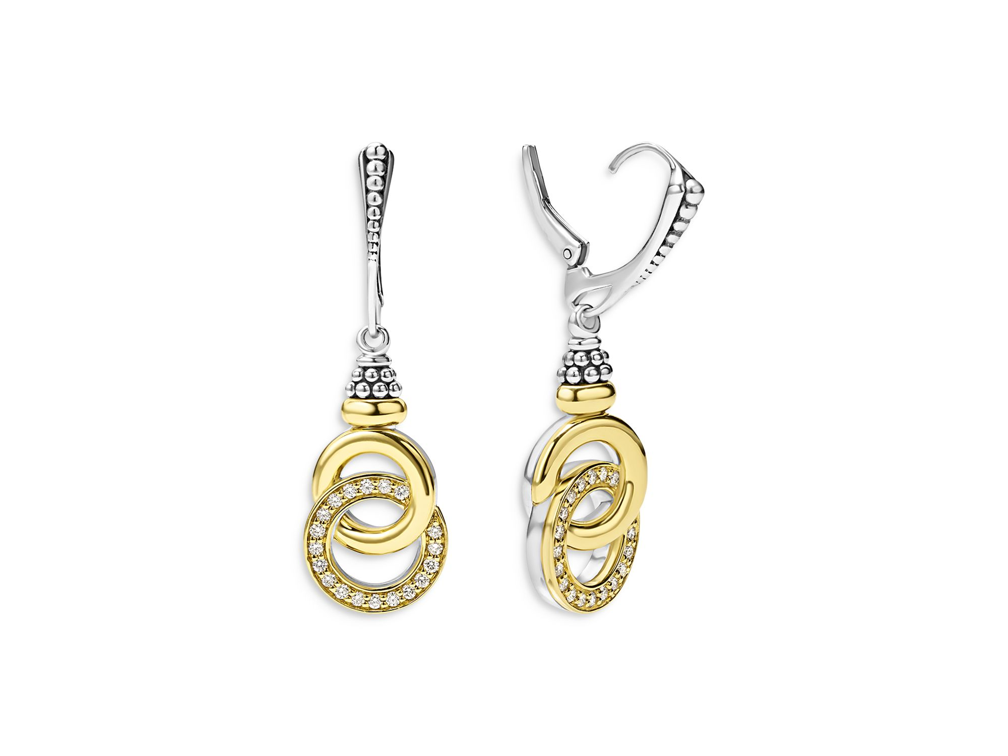 18K Yellow Gold & Sterling Silver Signature Caviar Diamond Interlocking Drop Earrings — Image 4