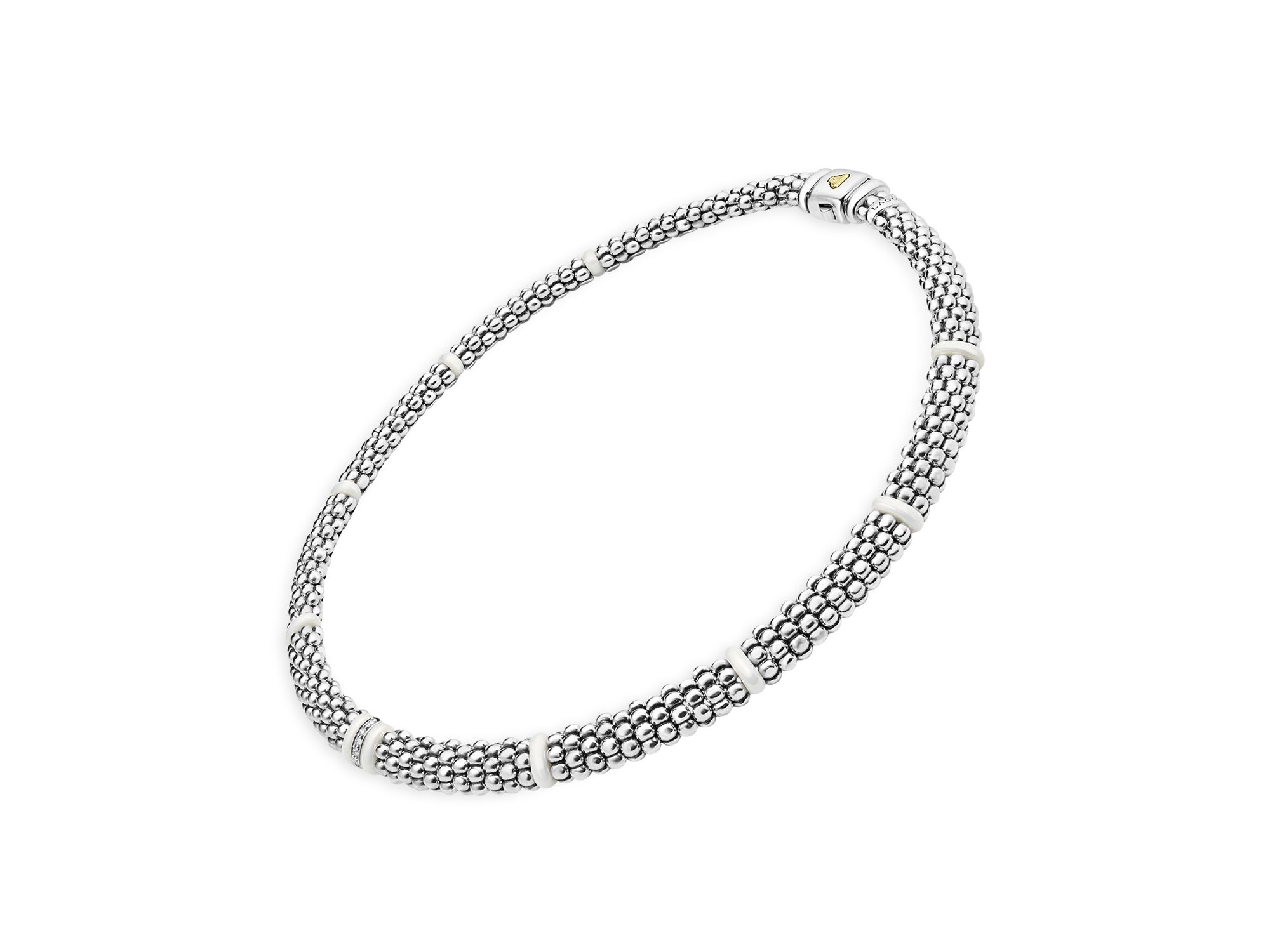 Ceramic & Sterling Silver White Caviar Diamond Station Necklace, 16" — Image 3
