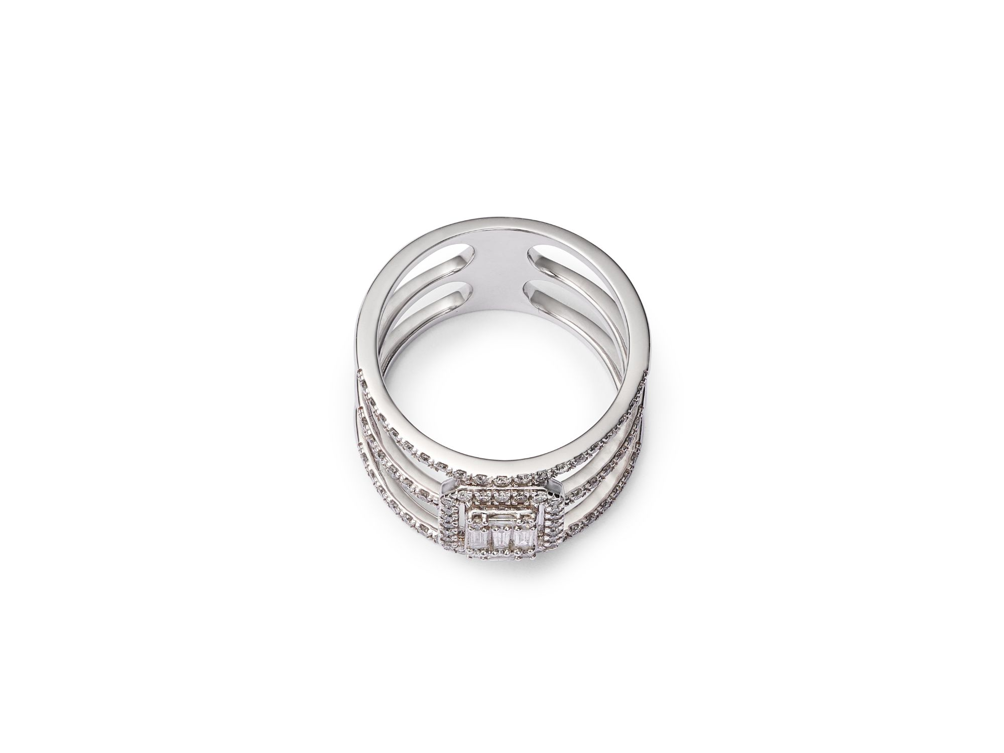 Diamond Round & Baguette Triple Row Ring in 14K White Gold, 0.75 tcw — Image 3