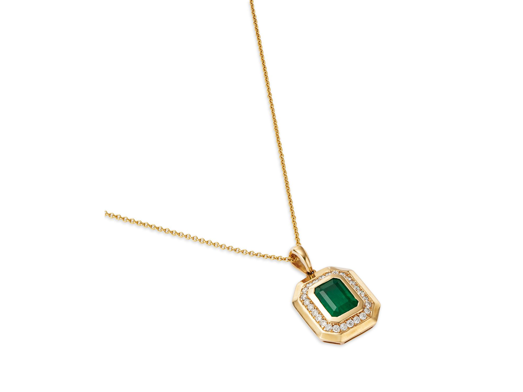 Emerald & Diamond Halo Pendant Necklace in 14K Yellow Gold, 18" — Image 3