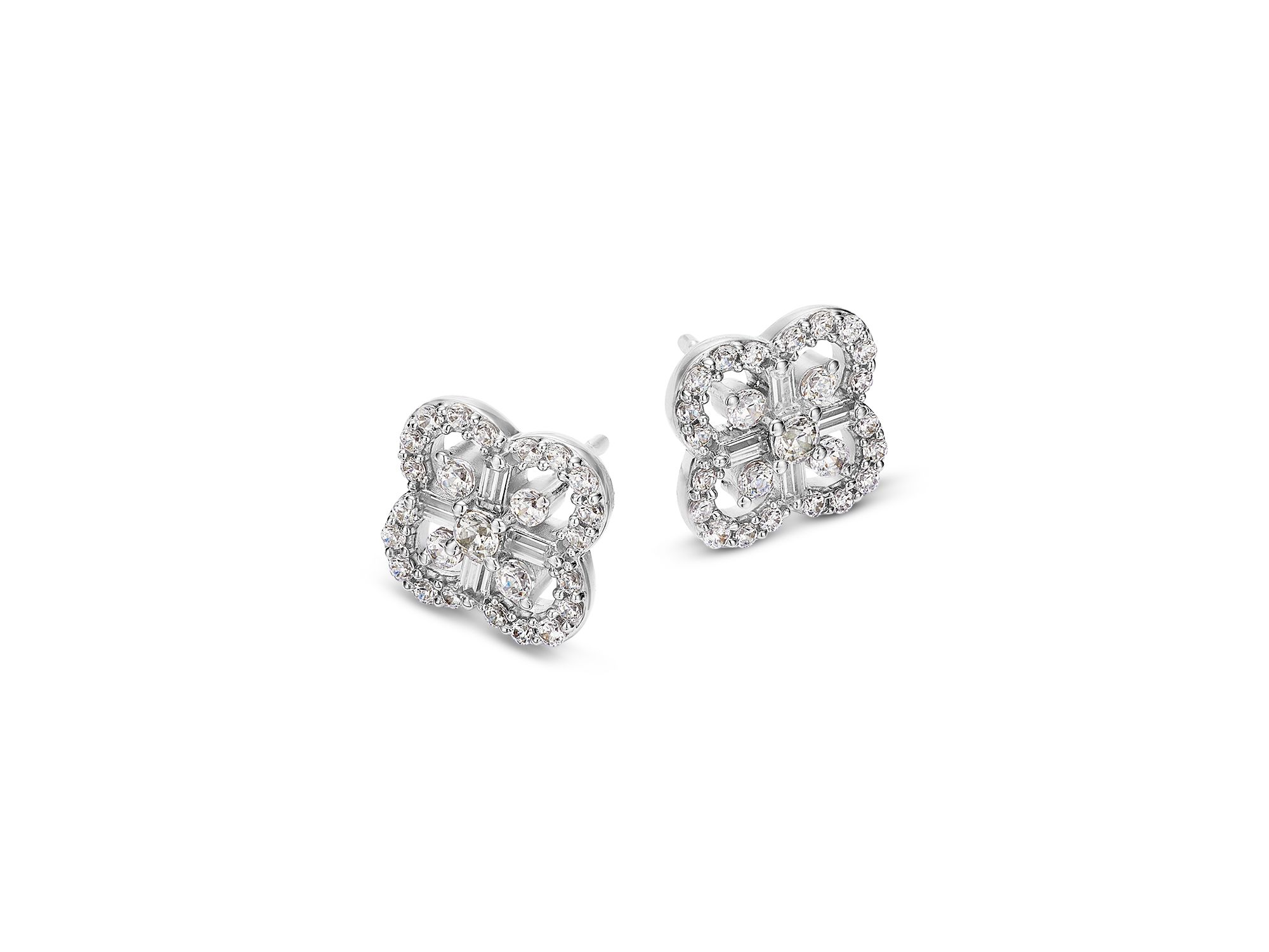 Diamond Round & Baguette Clover Stud Earrings in 14K White Gold, 0.5 tcw — Image 3