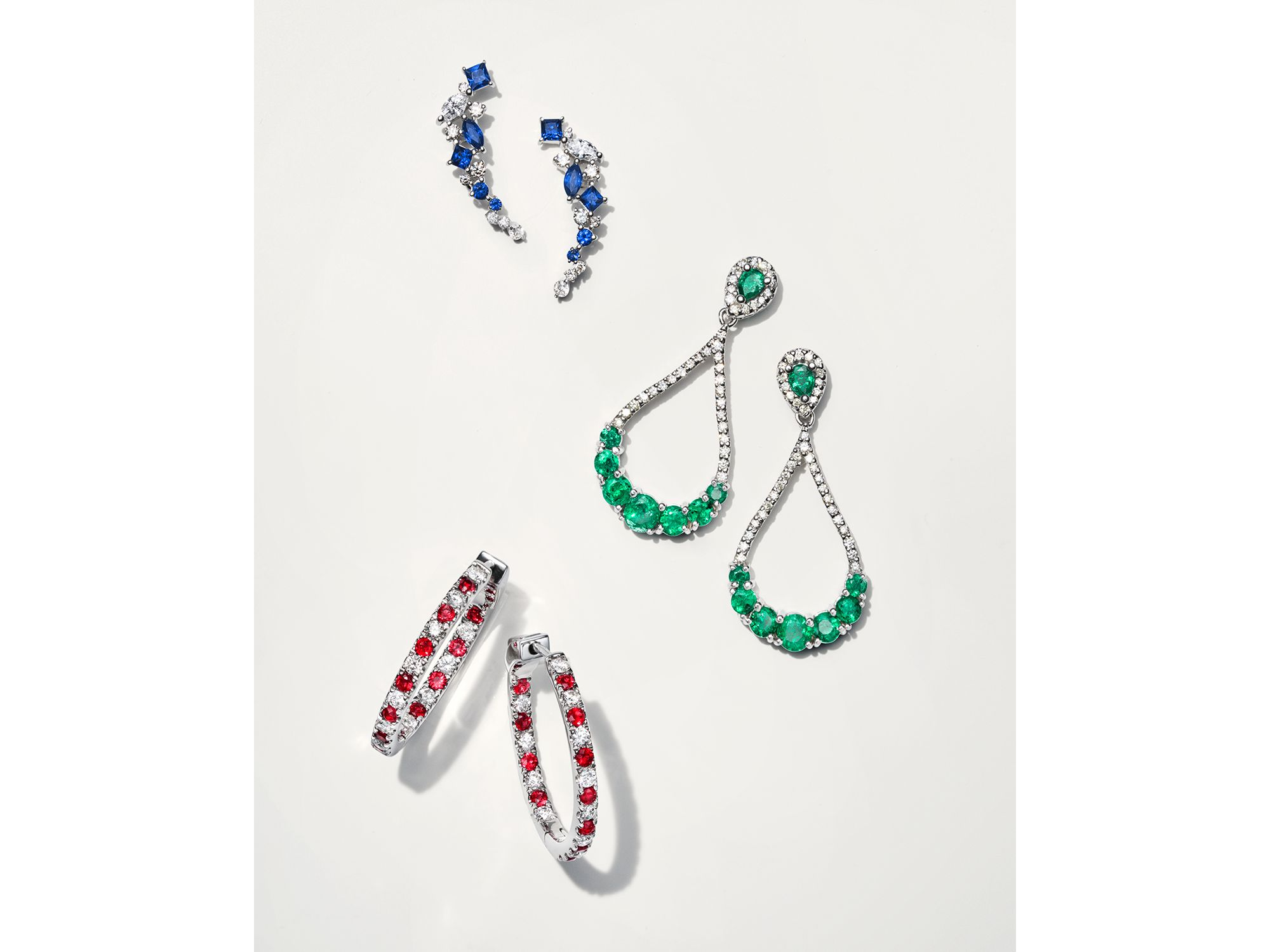 Diamond and Blue Sapphire Climber Earrings in 14K White Gold — Image 3