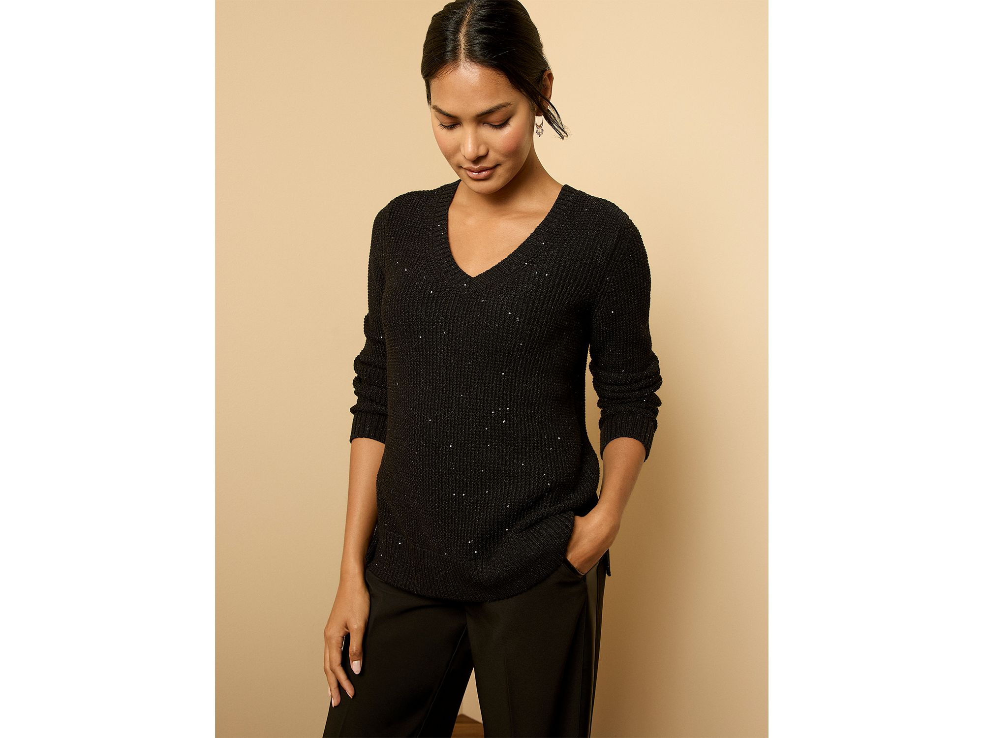 Shimmer Waffle V Neck Sweater — Image 6