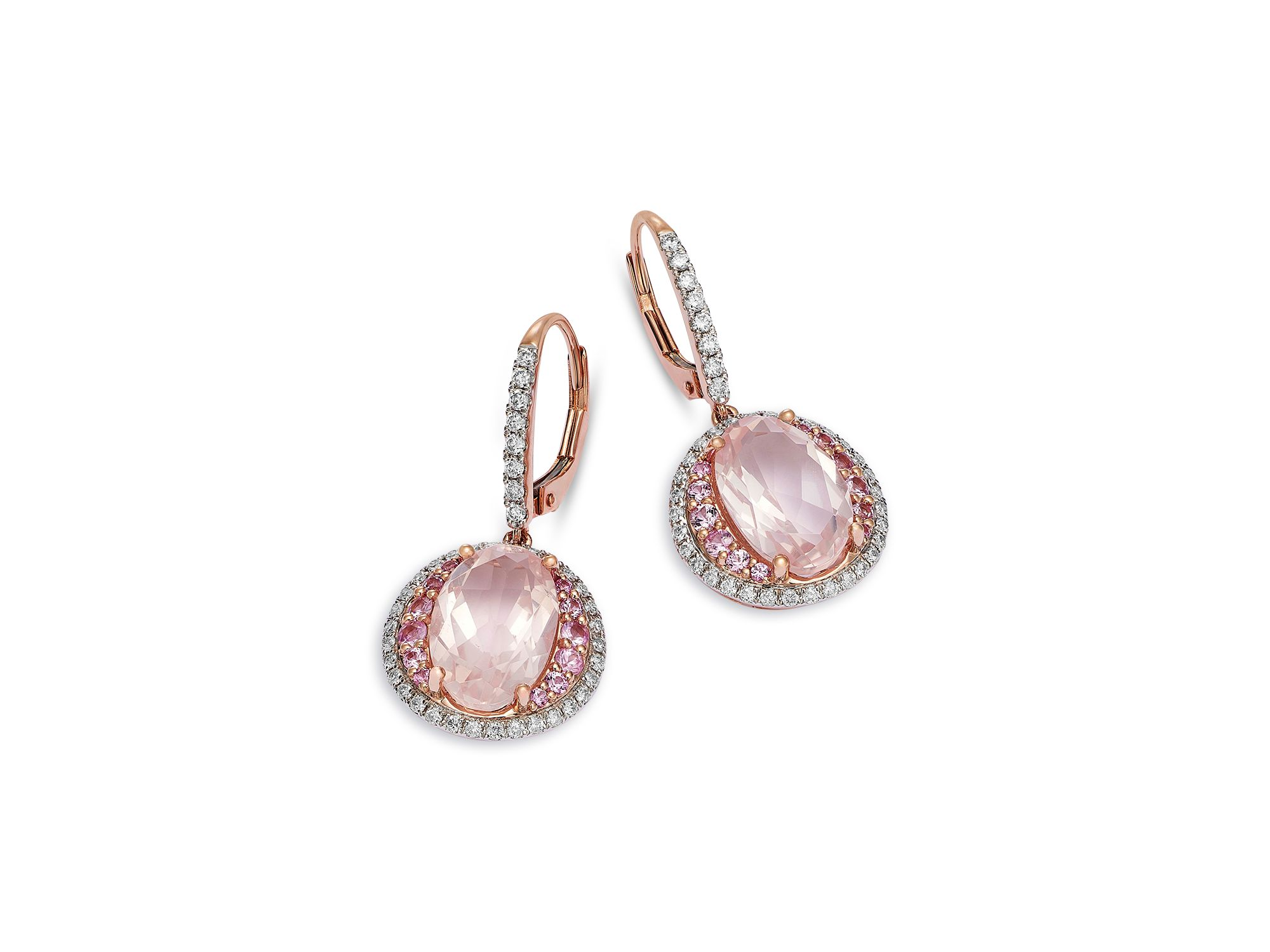 Rose Quartz, Pink Sapphire & Diamond Halo Drop Earrings in 14K Rose Gold — Image 3