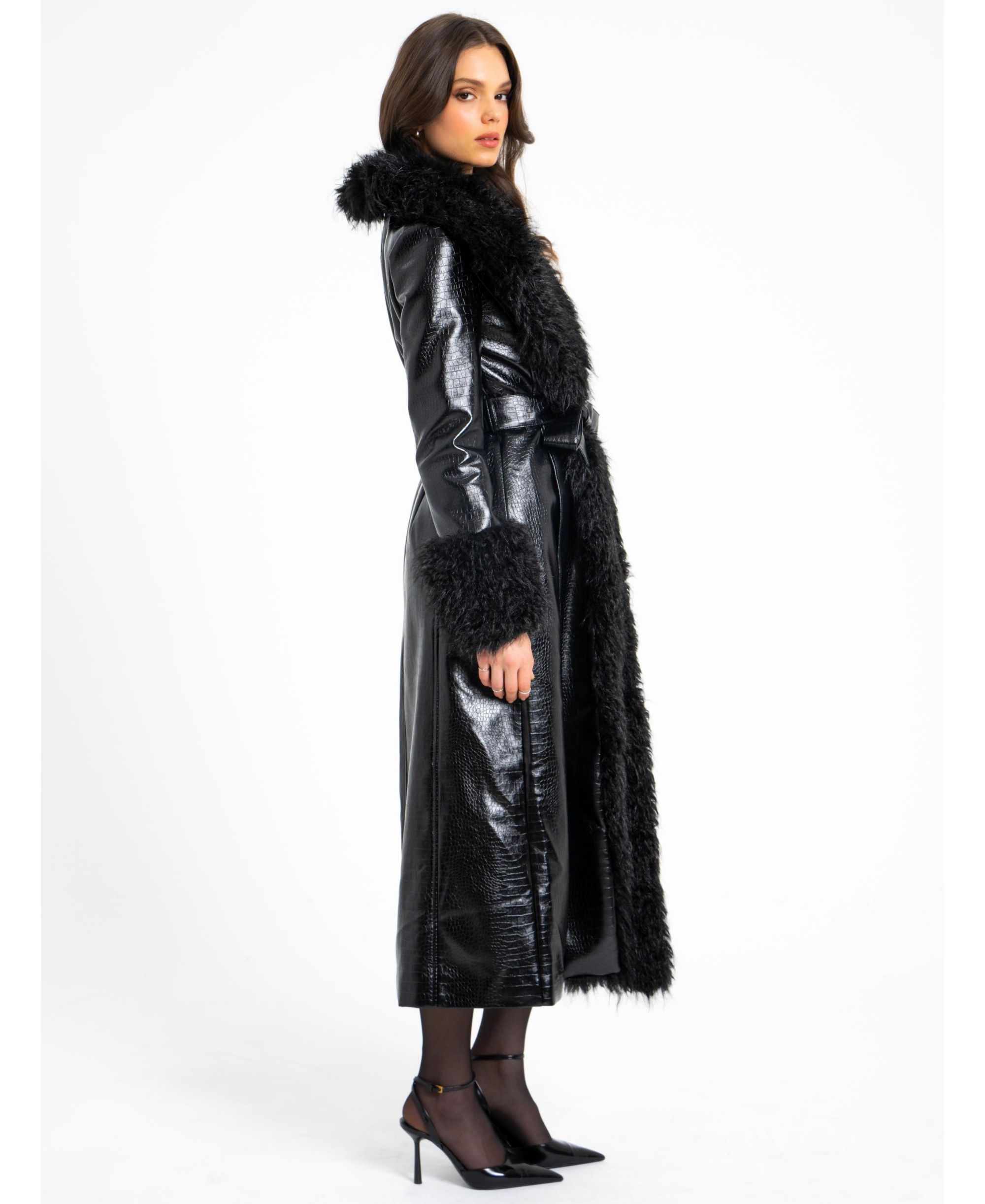 Zella Faux Fur Trim Faux Croc Leather Coat — Image 9