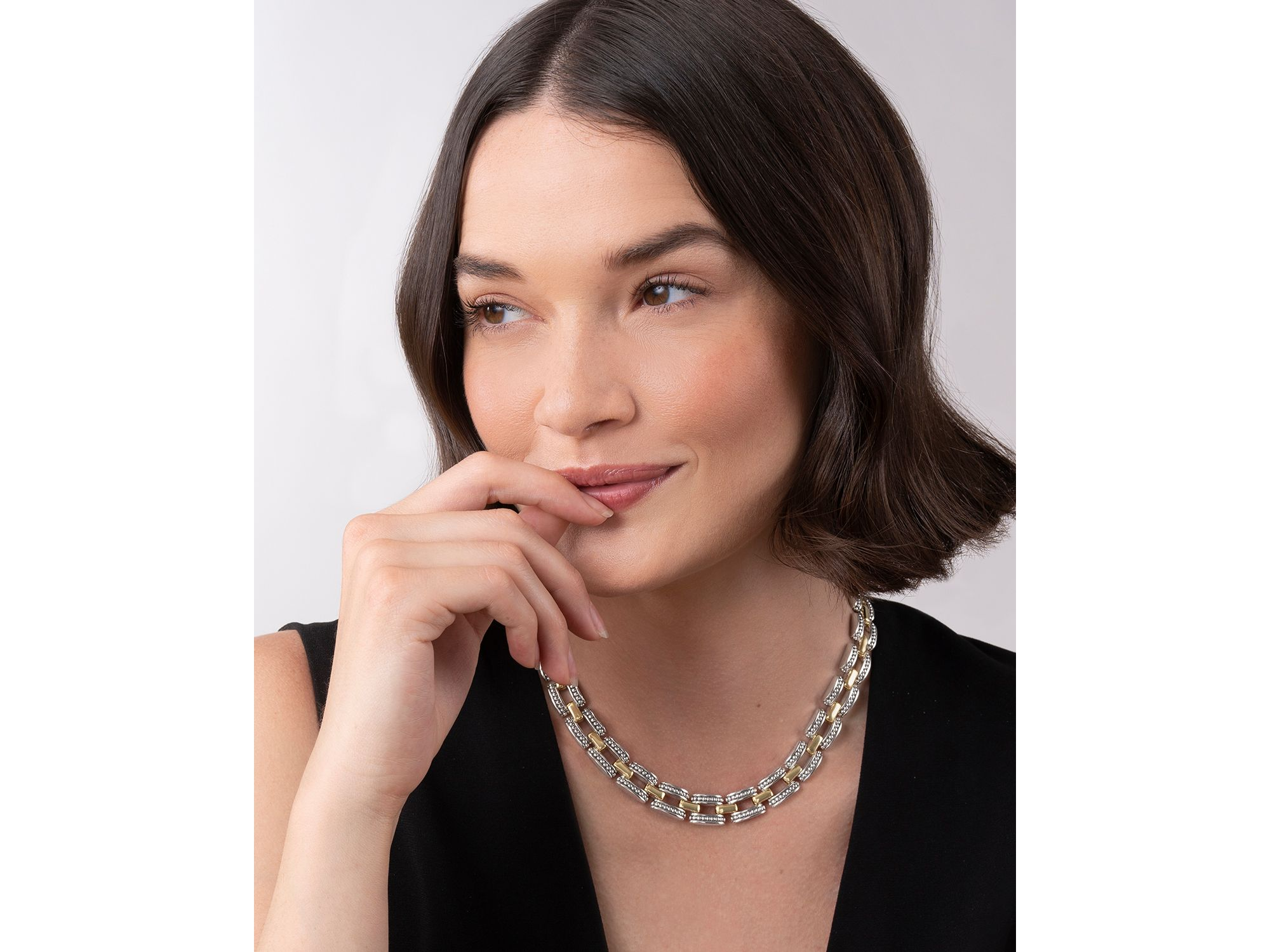 18K Yellow Gold & Sterling Silver High Bar Link Statement Necklace, 16" — Image 4