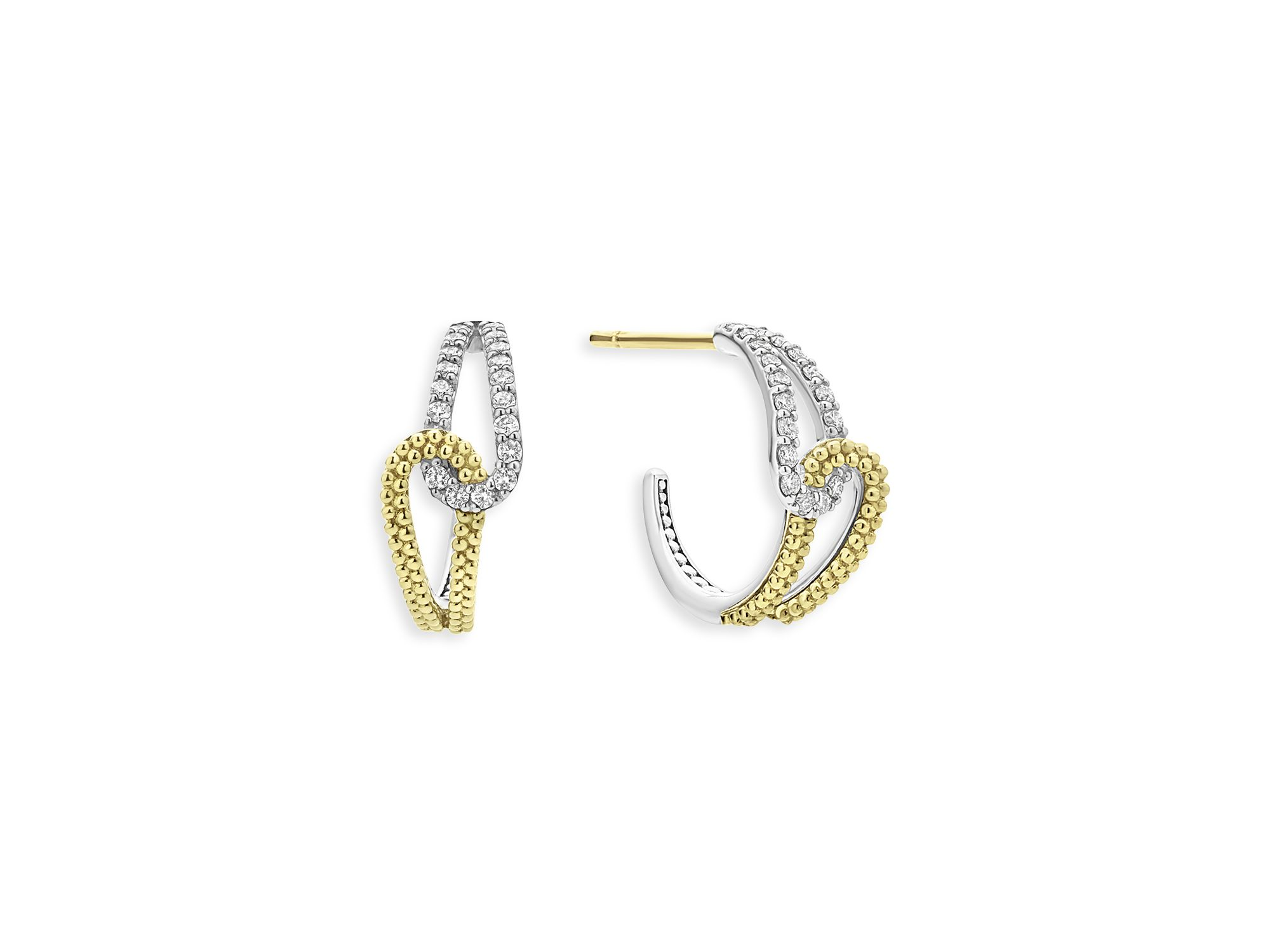 18K Yellow Gold & Sterling Silver Caviar Lux-Clip Diamond Loop Huggie Hoop Earrings - Exclusive — Image 4