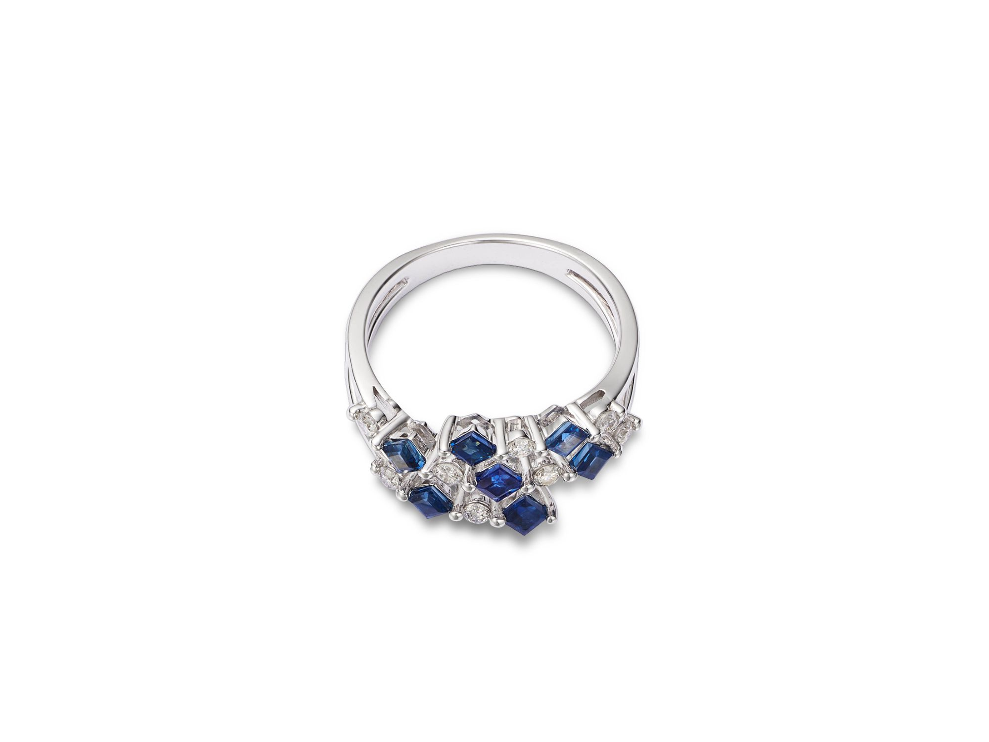 Blue Sapphire & Diamond Square & Round Openwork Ring in 14K White Gold — Image 3