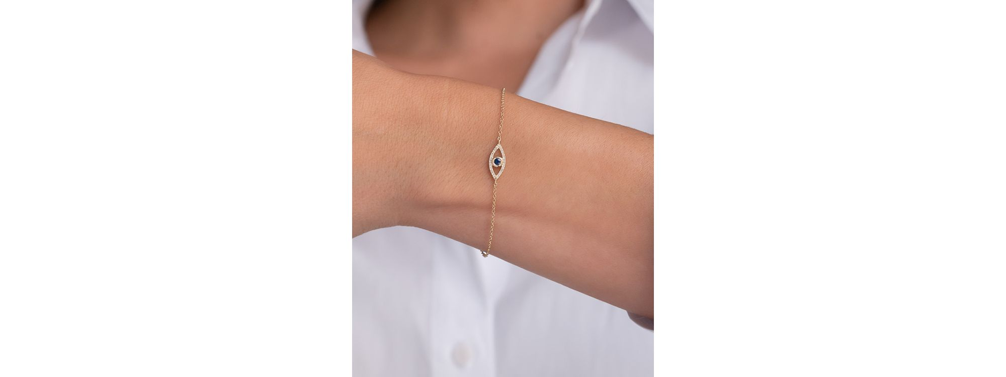 14K Yellow Gold Diamond & Blue Sapphire Evil Eye Bracelet — Image 3