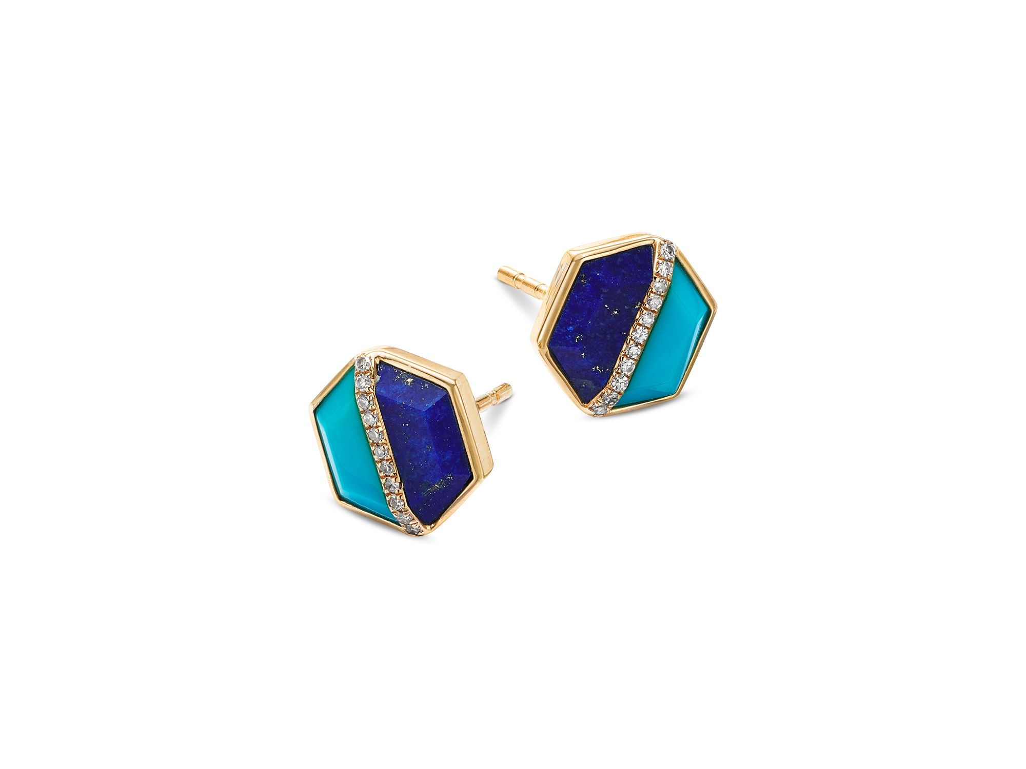 Lapis Lazuli, Turquoise & Diamond Stud Earrings in 14K Yellow Gold — Image 4
