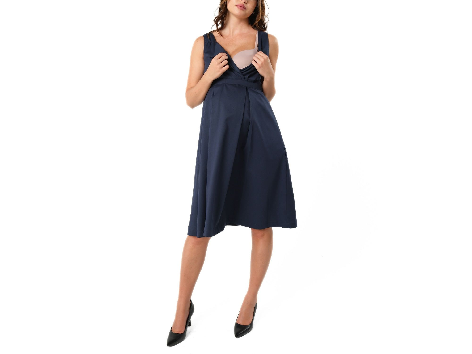 Women's Sleeveless Empire Waist Maternity & Nursing Knee Length Tea Dress in Navy Italian Light Weight Suiting Fabric (Regular & Petite) — Image 4