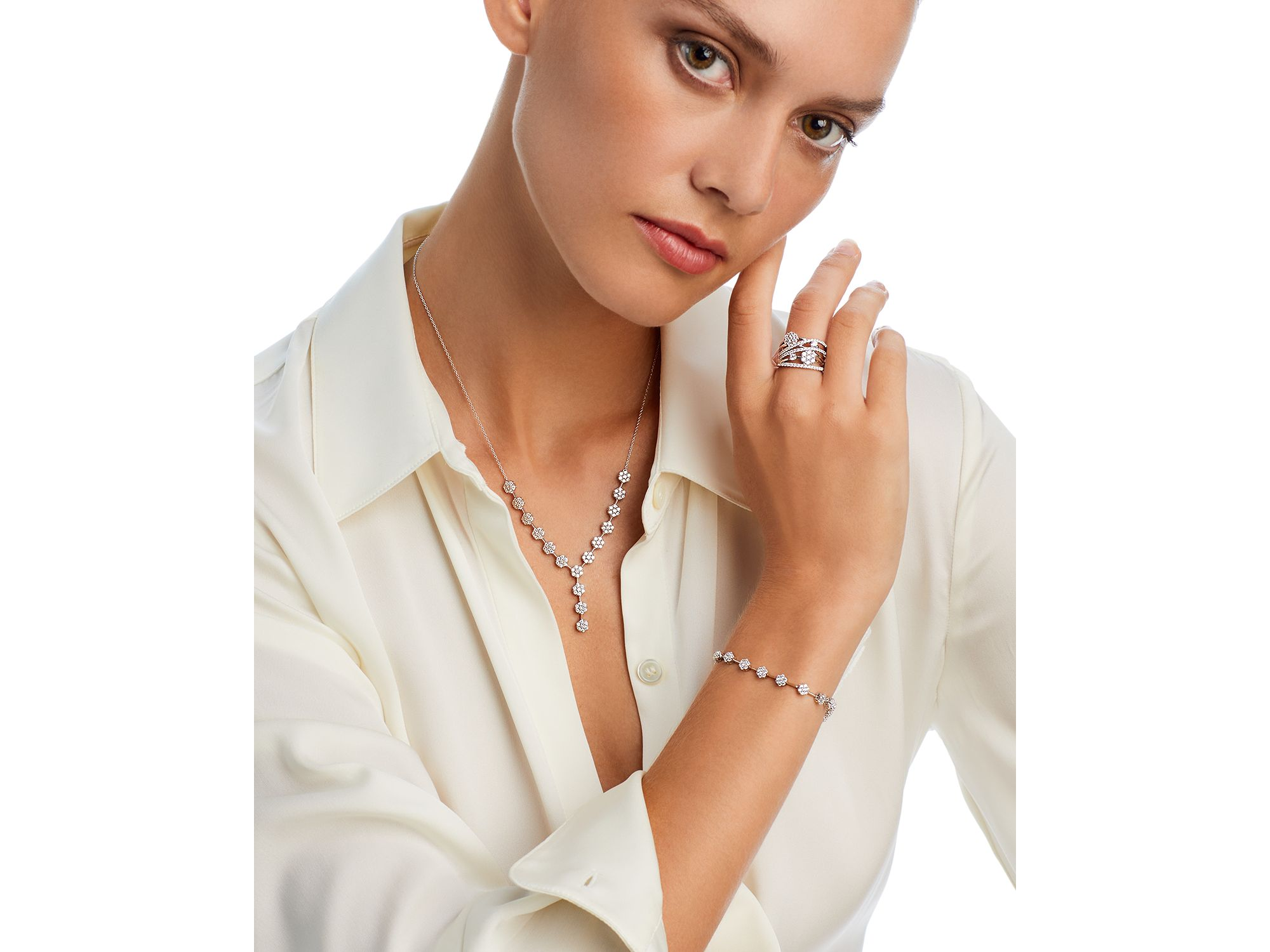 Diamond Flower Cluster Link Bracelet in 14K White Gold, 2.0 tcw — Image 3