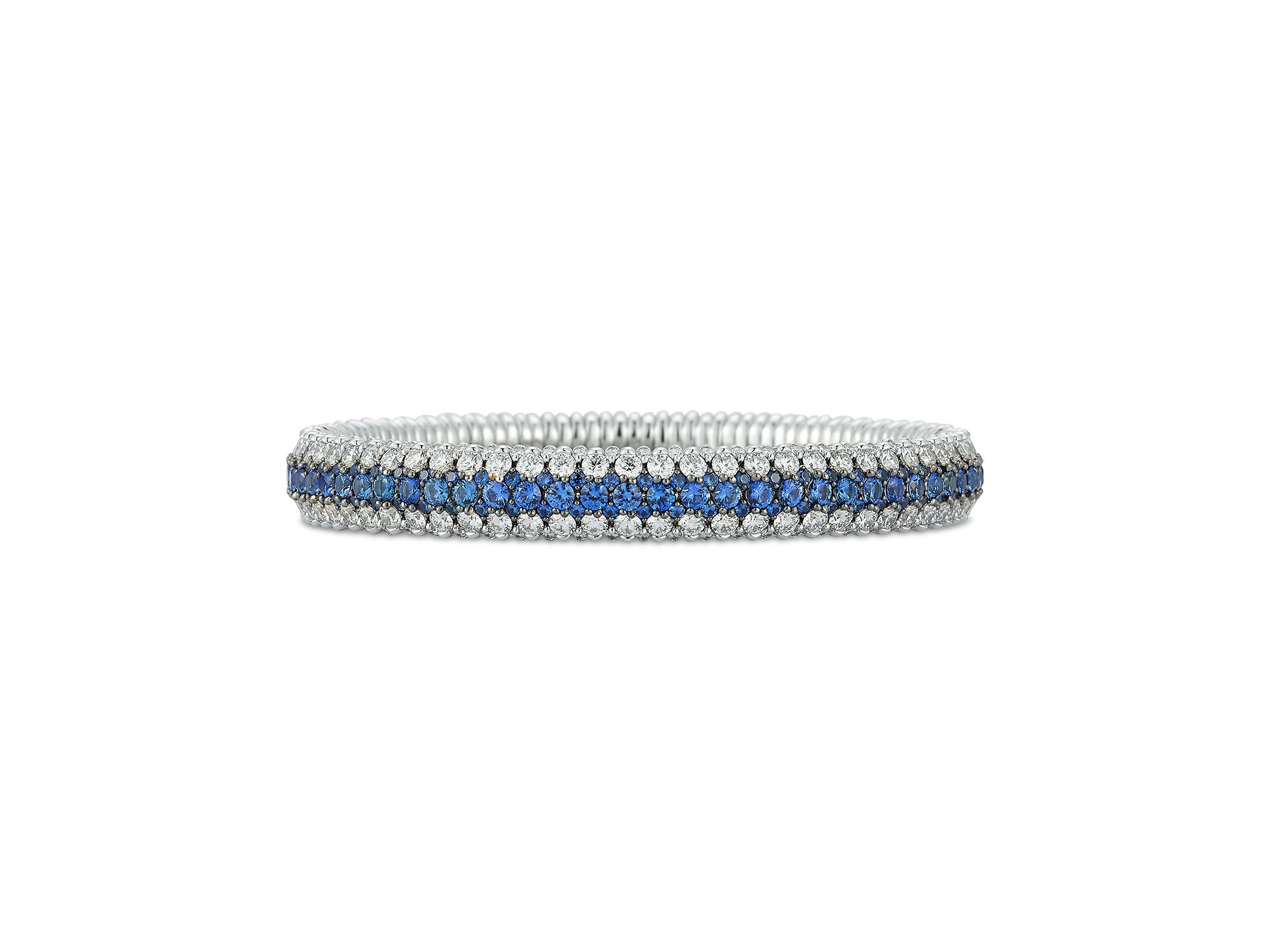 18K White Gold Giotto Blue Sapphire & Diamond Multirow Stretch Bracelet - Image 1