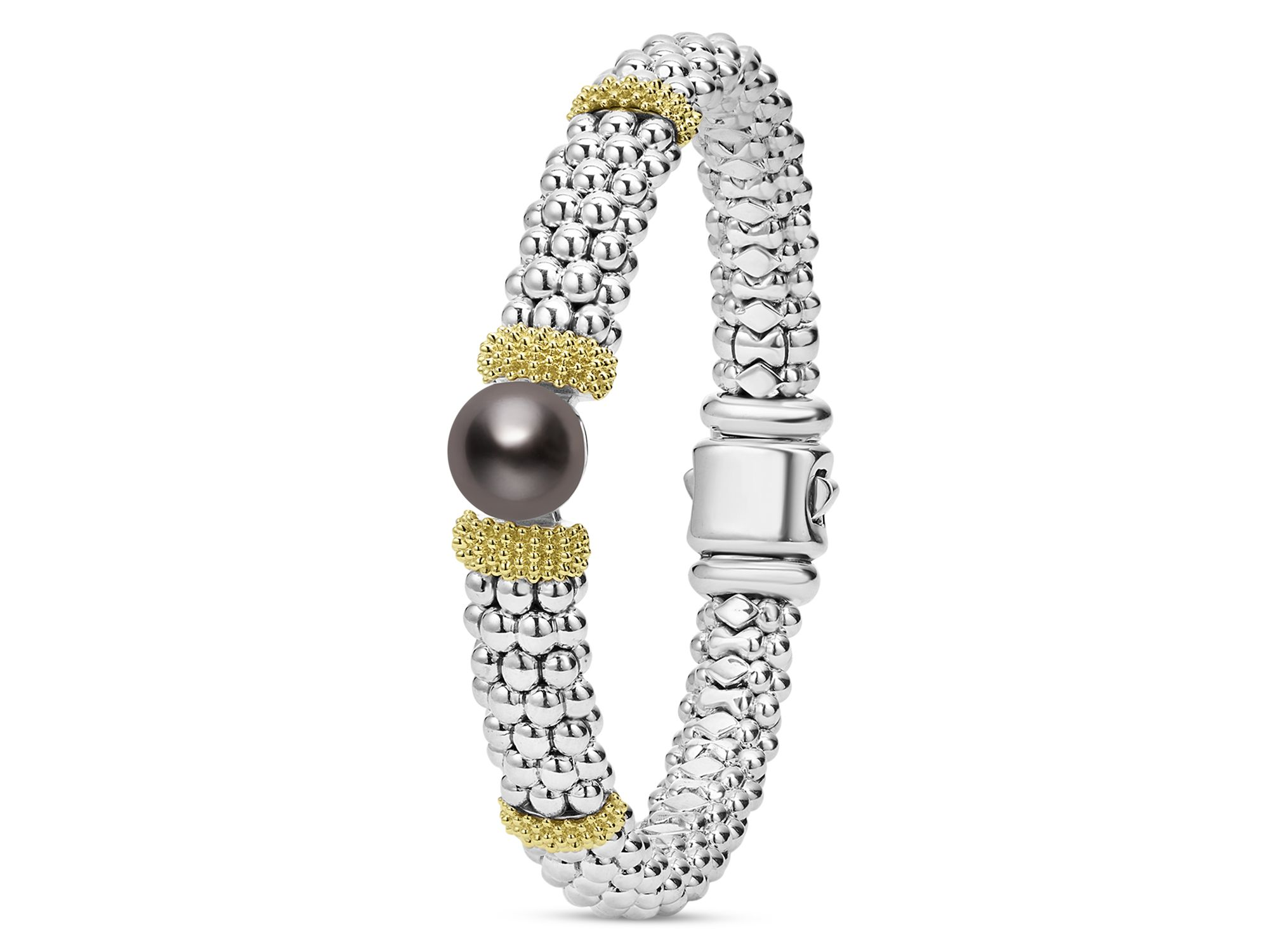18K Yellow Gold & Sterling Silver Luna Black Tahitian Pearl Caviar Bead Bracelet — Image 3