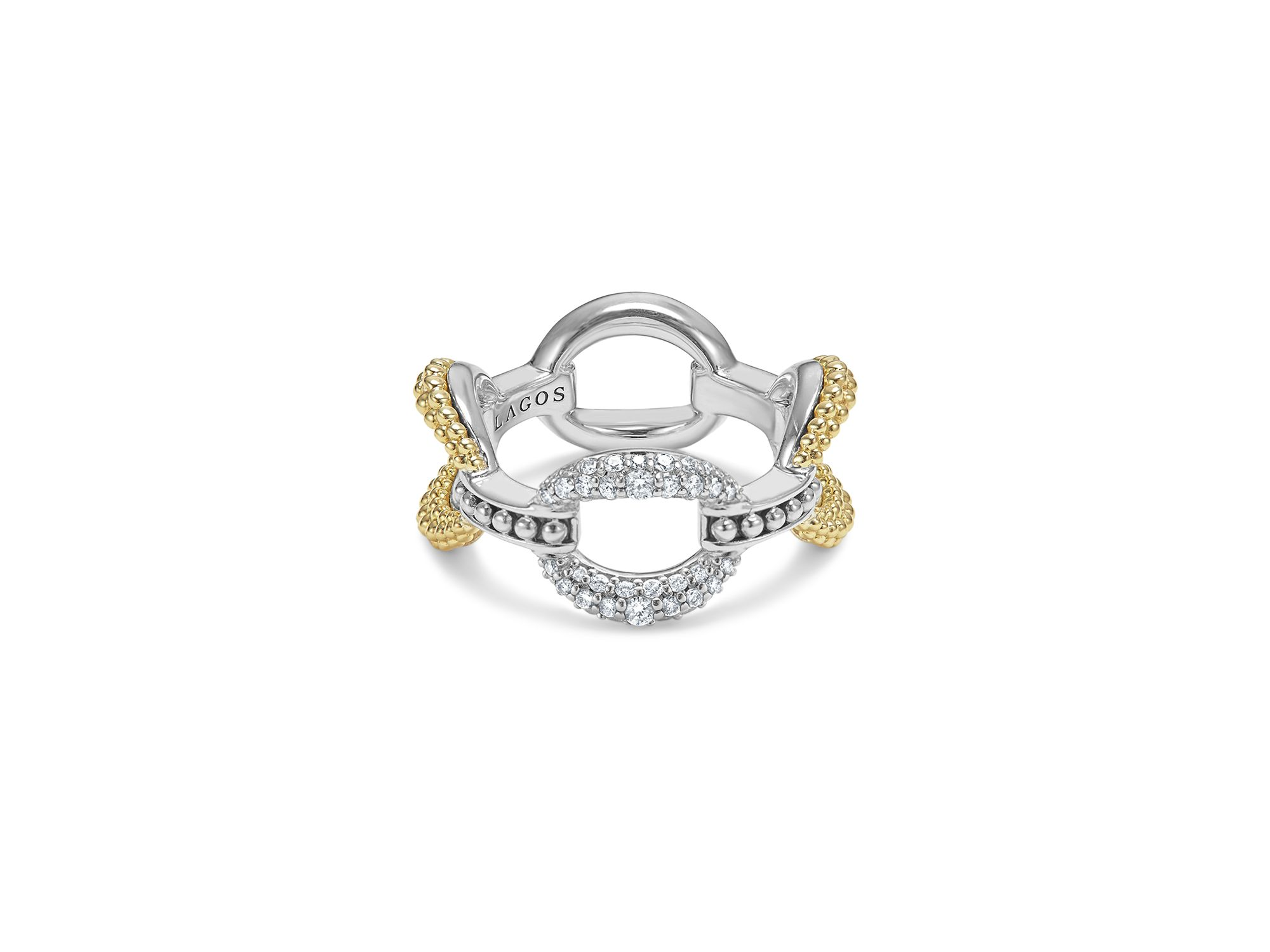 18K Yellow Gold & Sterling Silver Caviar Lux Large Diamond Oval Link Eternity Band Ring — Image 4